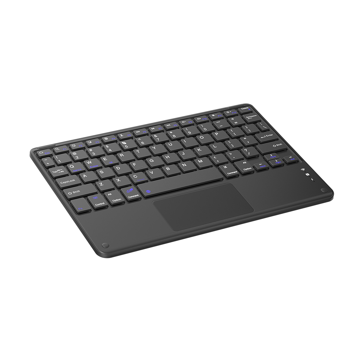 Un teclado inalámbrico negro con teclas blancas y azules. Tiene un panel táctil. Las teclas están dispuestas en un diseño estándar.