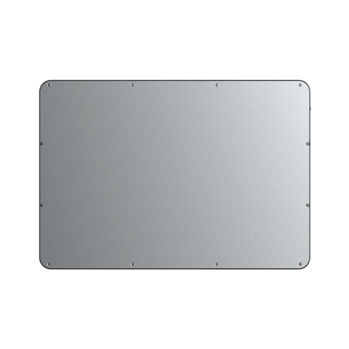 Una superficie rectangular, gris metálico con esquinas redondeadas. Pequeñas hendiduras circulares espaciadas uniformemente en los bordes.