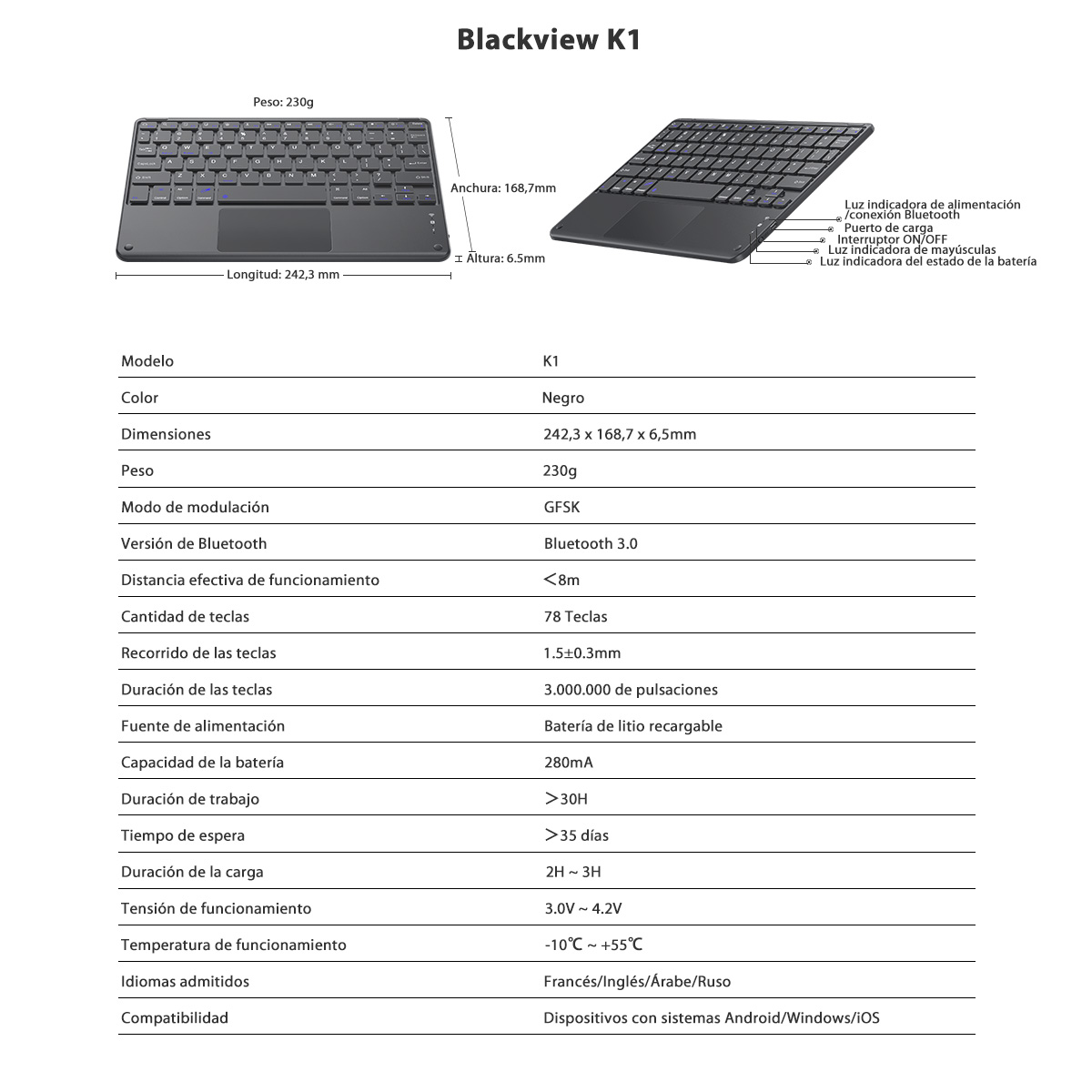 Teclado Blackview K1. Negro, con dimensiones y especificaciones. Incluye Bluetooth, batería y detalles de teclas.