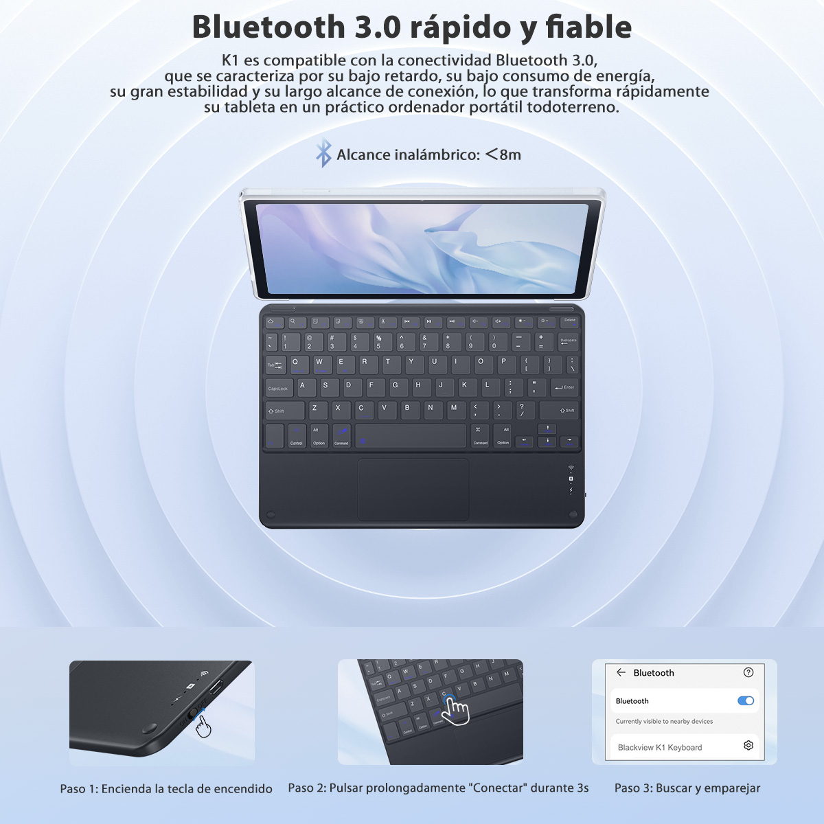 Tableta con teclado. Teclado negro con tableta blanca arriba. Se muestran los pasos para conectar por Bluetooth.
