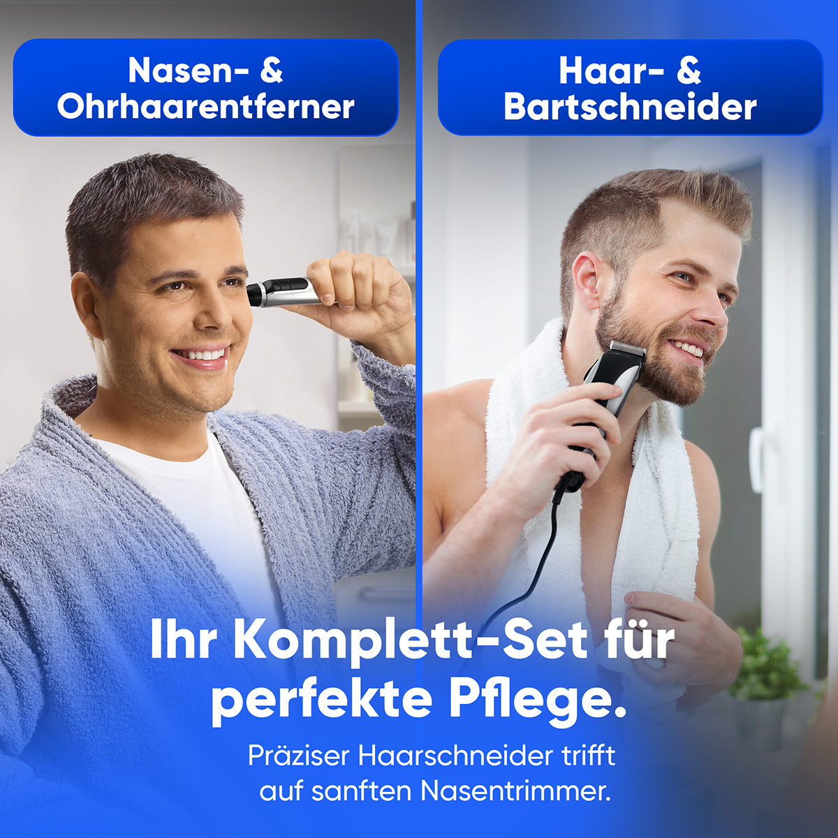 L'immagine mostra due uomini che usano strumenti per la cura della persona. Uno taglia i peli del naso, l'altro si rade la barba. Testo: set completo per una cura perfetta.