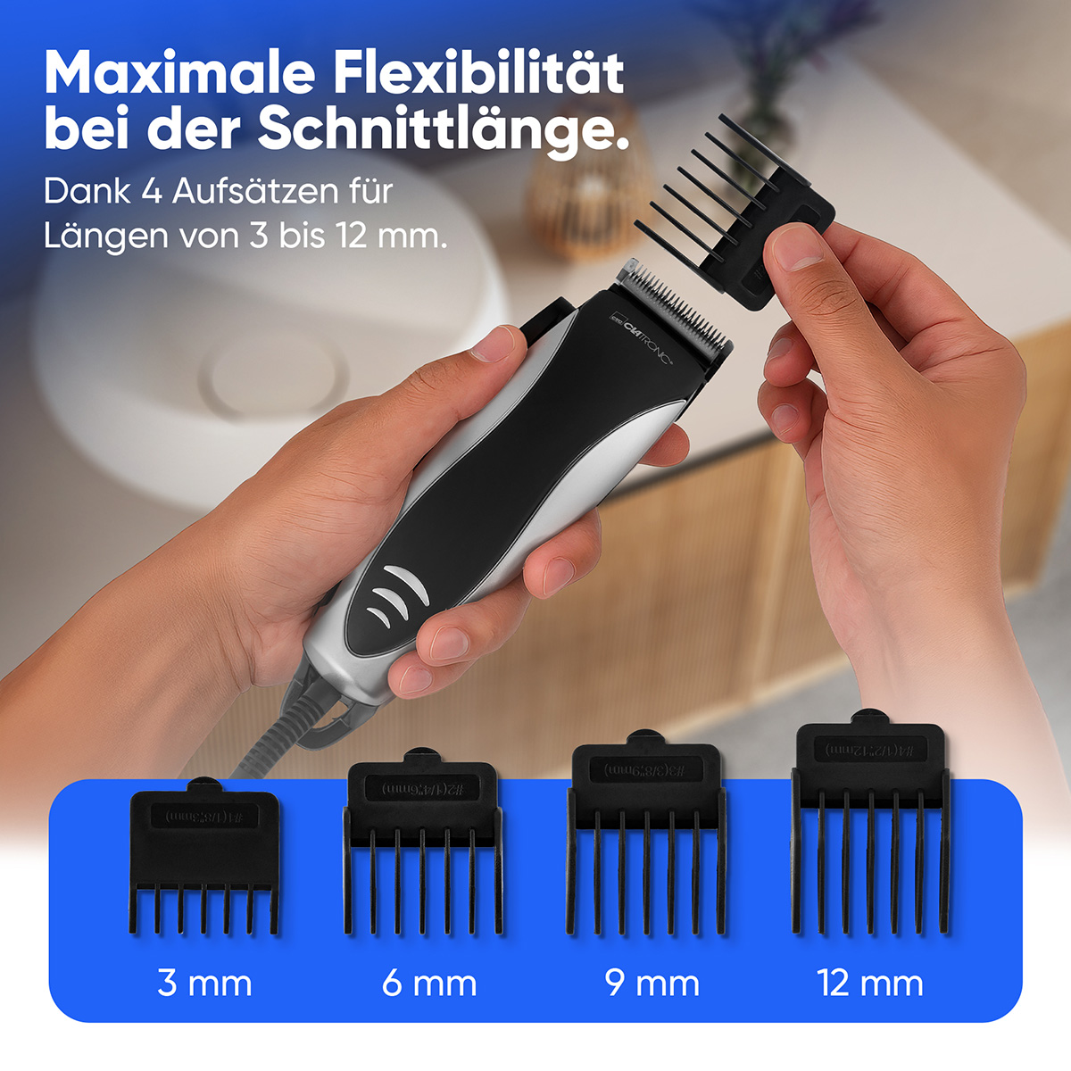 Mani che tengono un tagliacapelli nero e argento. Sotto, quattro accessori neri per diverse lunghezze di capelli.