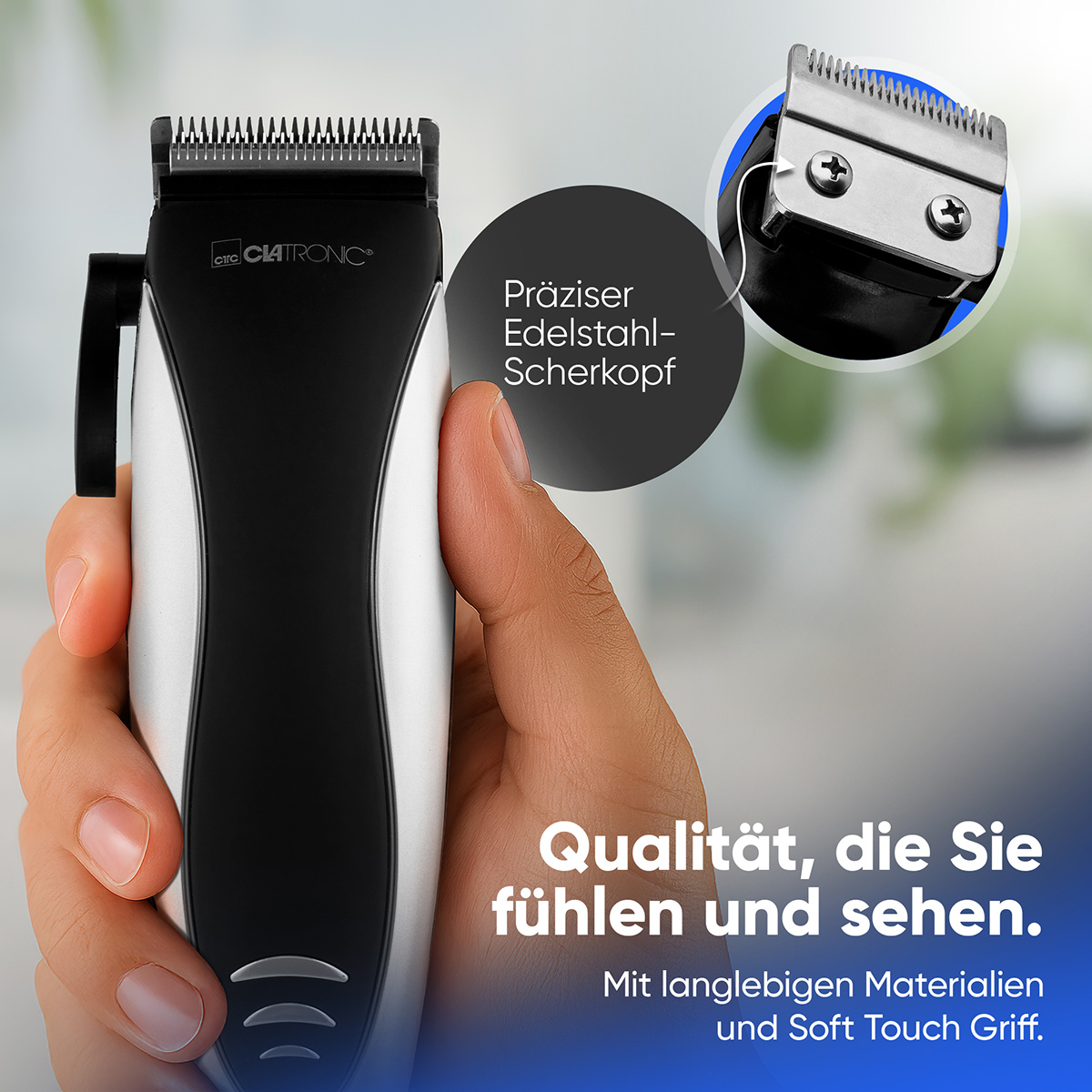 Una mano tiene un tagliacapelli nero e argento. Il testo lo descrive come di qualità, durevole e con impugnatura soft touch.