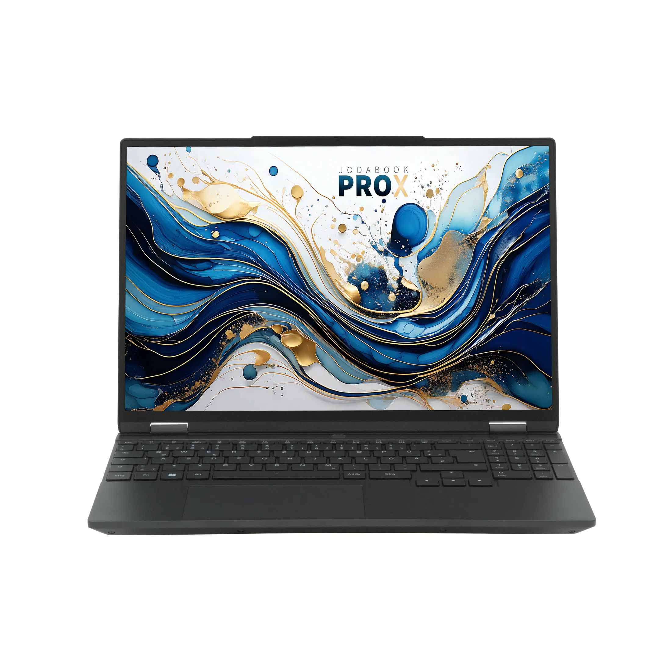 Schwarzer Laptop mit lebendigem, abstraktem Kunstbildschirm. Die Tastatur ist sichtbar. Weißer Hintergrund.