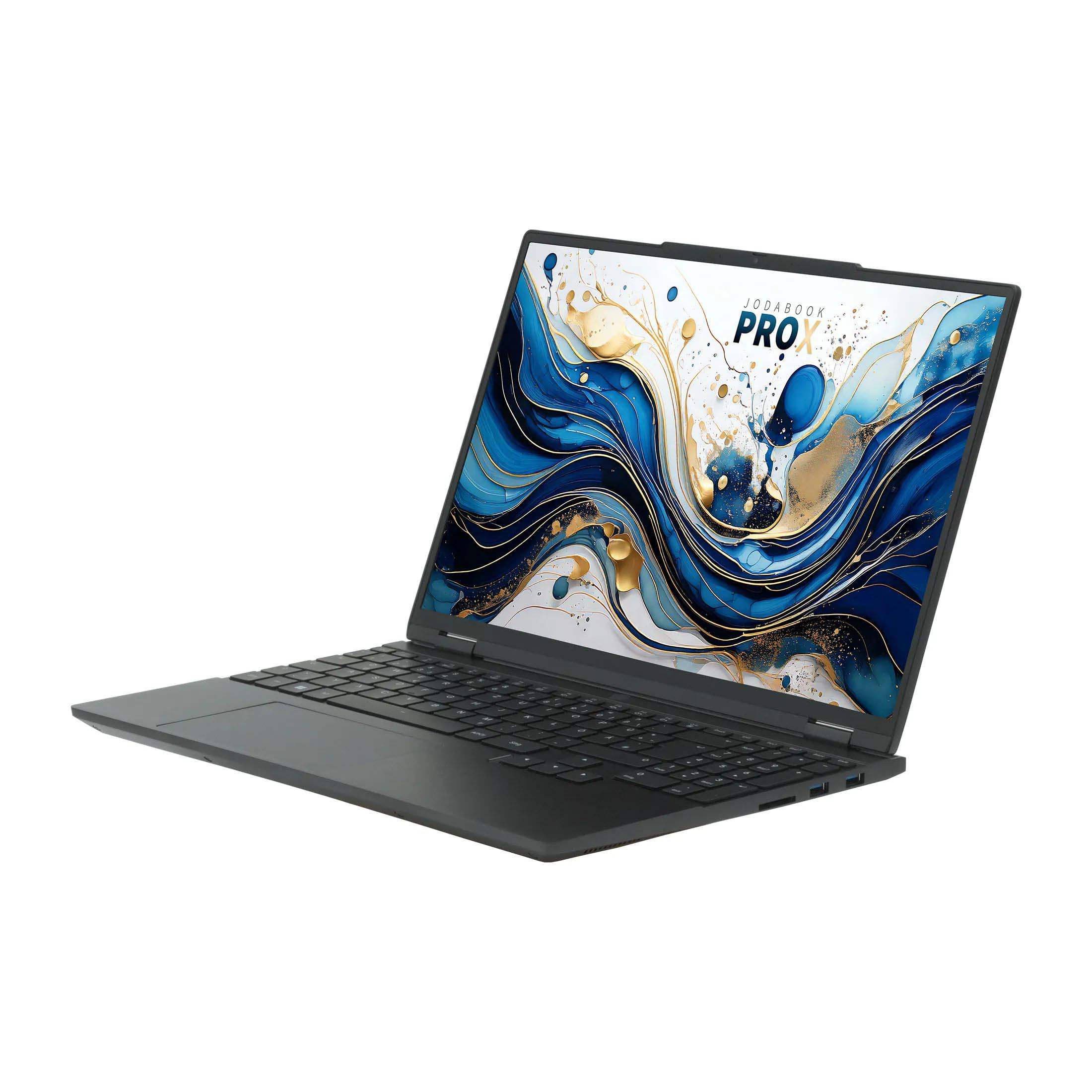 Ein schwarzer Laptop auf weißem Hintergrund. Der Bildschirm zeigt ein blaues und goldenes abstraktes Design. Die Marke ist JODABOOK PRO.