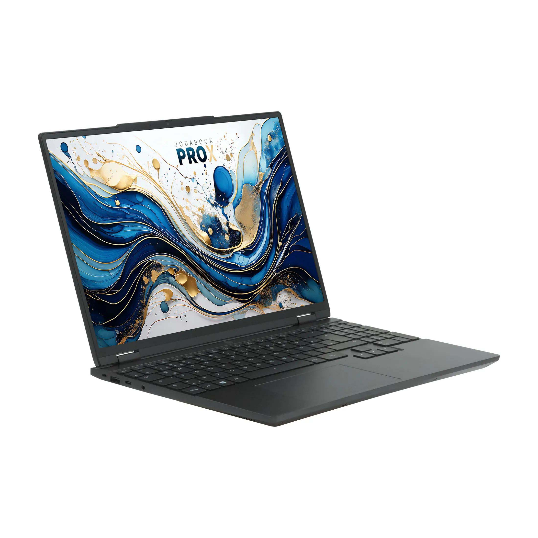 Ein schwarzer Laptop, das JODABOOK PRO, ist geöffnet. Der Bildschirm zeigt ein abstraktes blaues und goldenes Design. Der Hintergrund ist weiß.