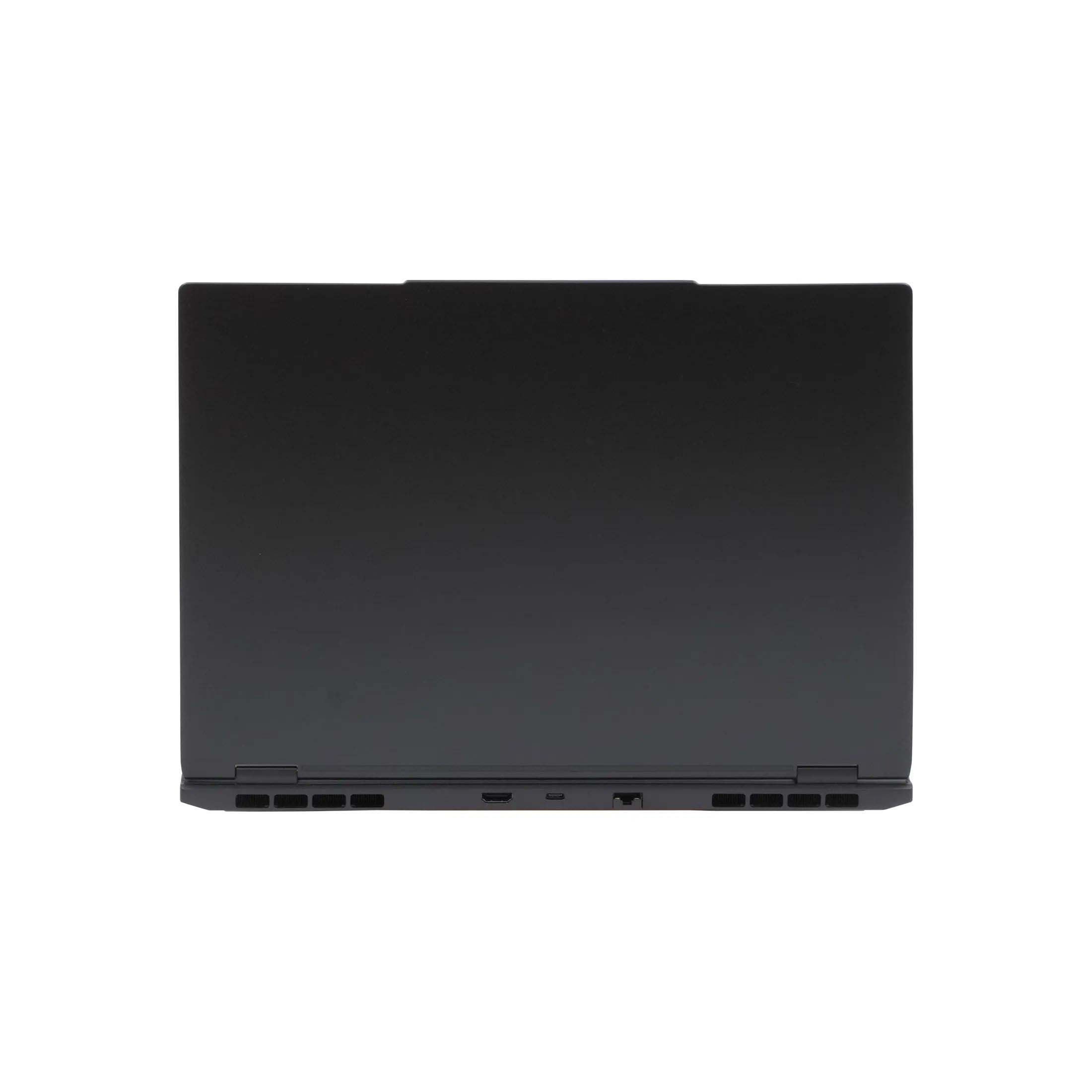 Schwarzer Laptop, von oben betrachtet, zentriert. Er befindet sich auf weißem Hintergrund und zeigt den geschlossenen Deckel.