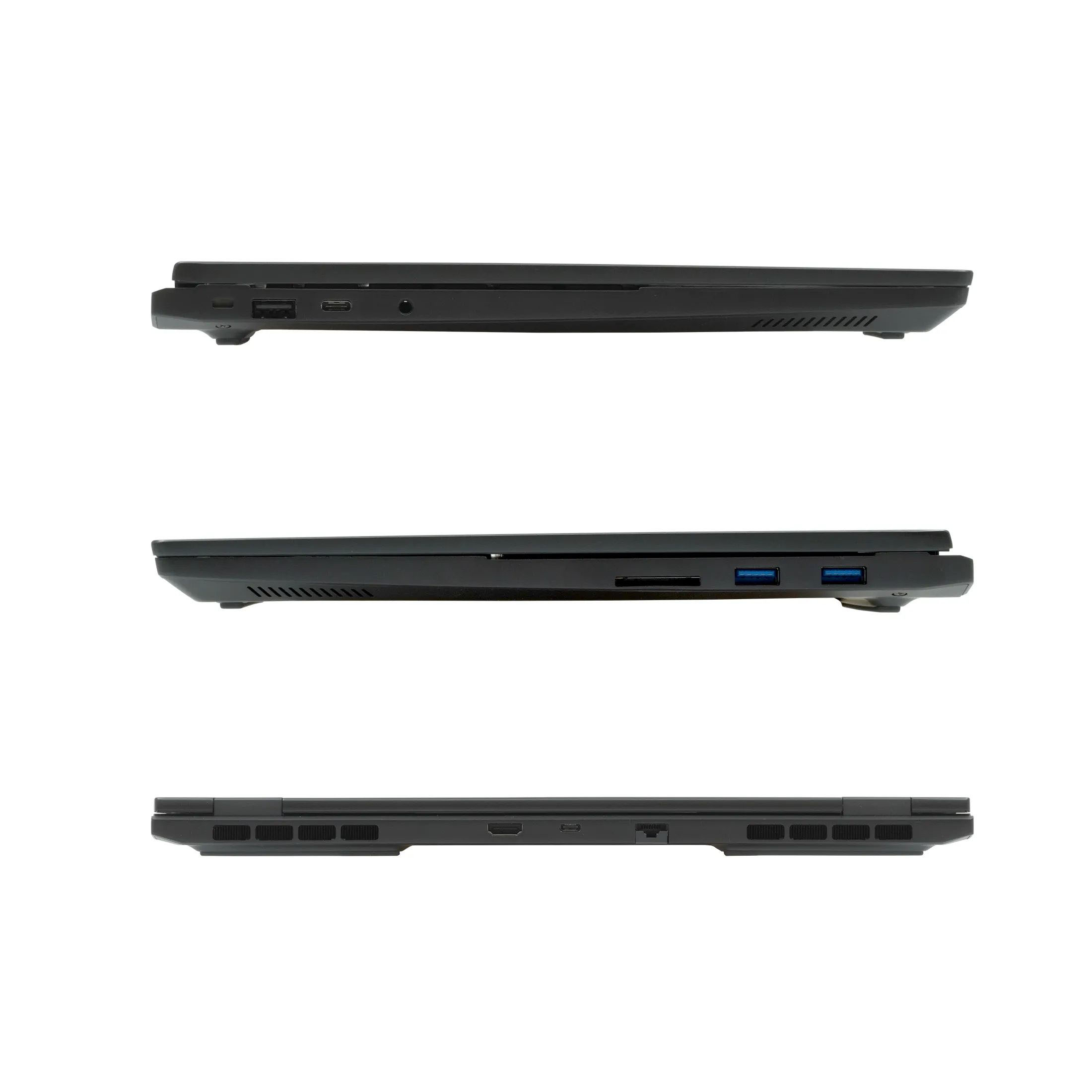 Drei Seitenansichten eines schwarzen Laptops auf weißem Grund, mit Anschlüssen, Lüftungsschlitzen und einem Kartensteckplatz.