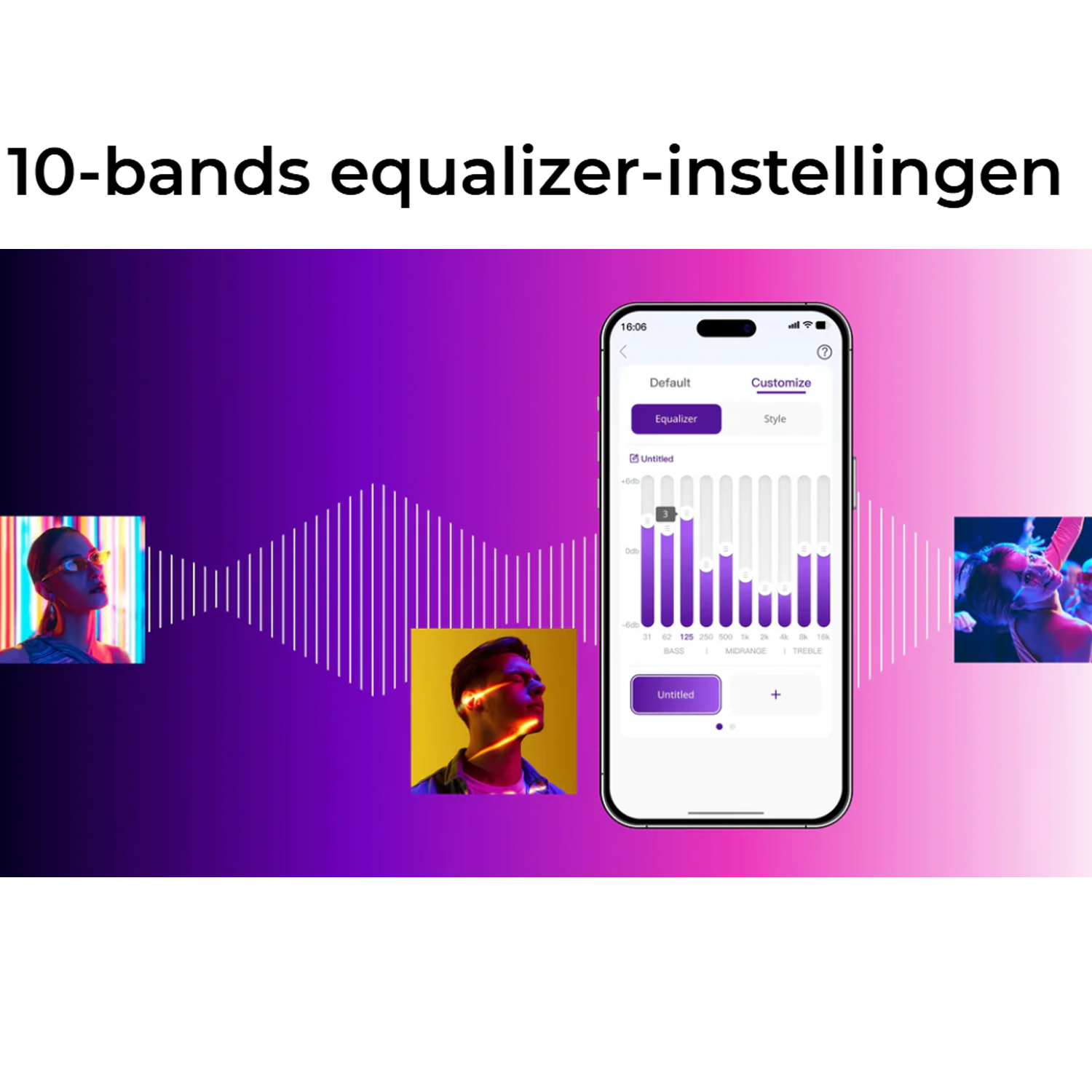 Image showing a phone screen with equalizer settings. Two people are on either side with colorful lighting. Purple gradient background.