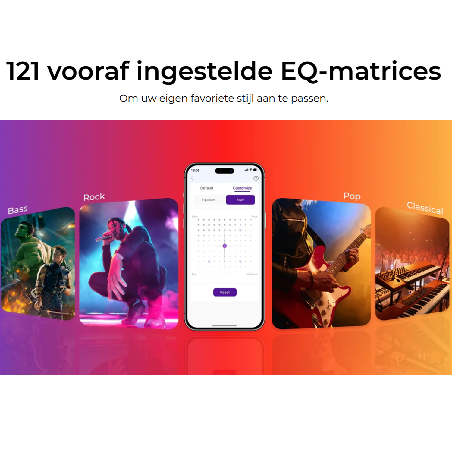 An image displaying music-related visuals: scenes of a concert, equalizer settings on a phone, and text: 121 preset EQ matrices.