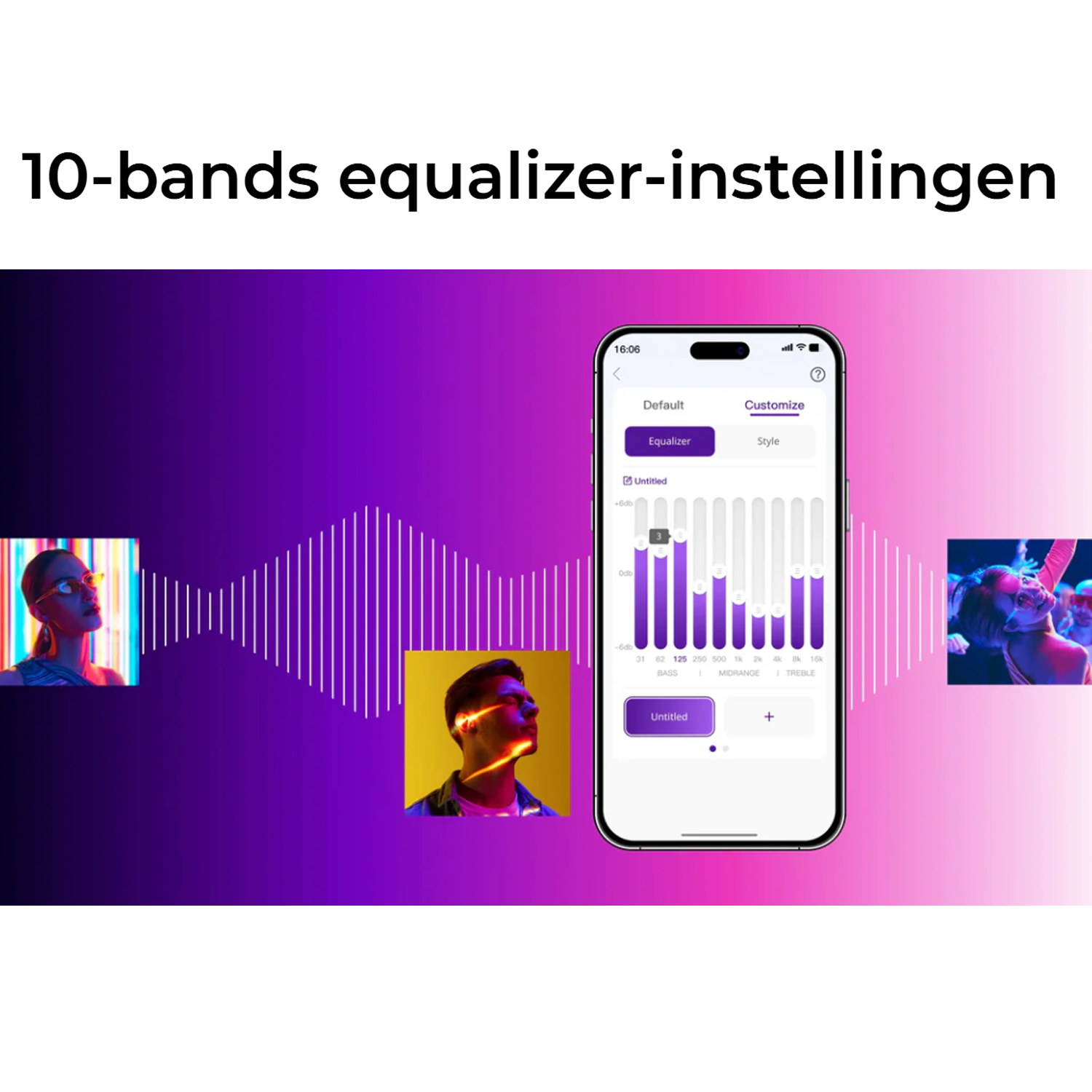 Image shows a phone displaying an equalizer interface. Two people on the sides, and a purple background with text: 10-bands equalizer-instellingen.