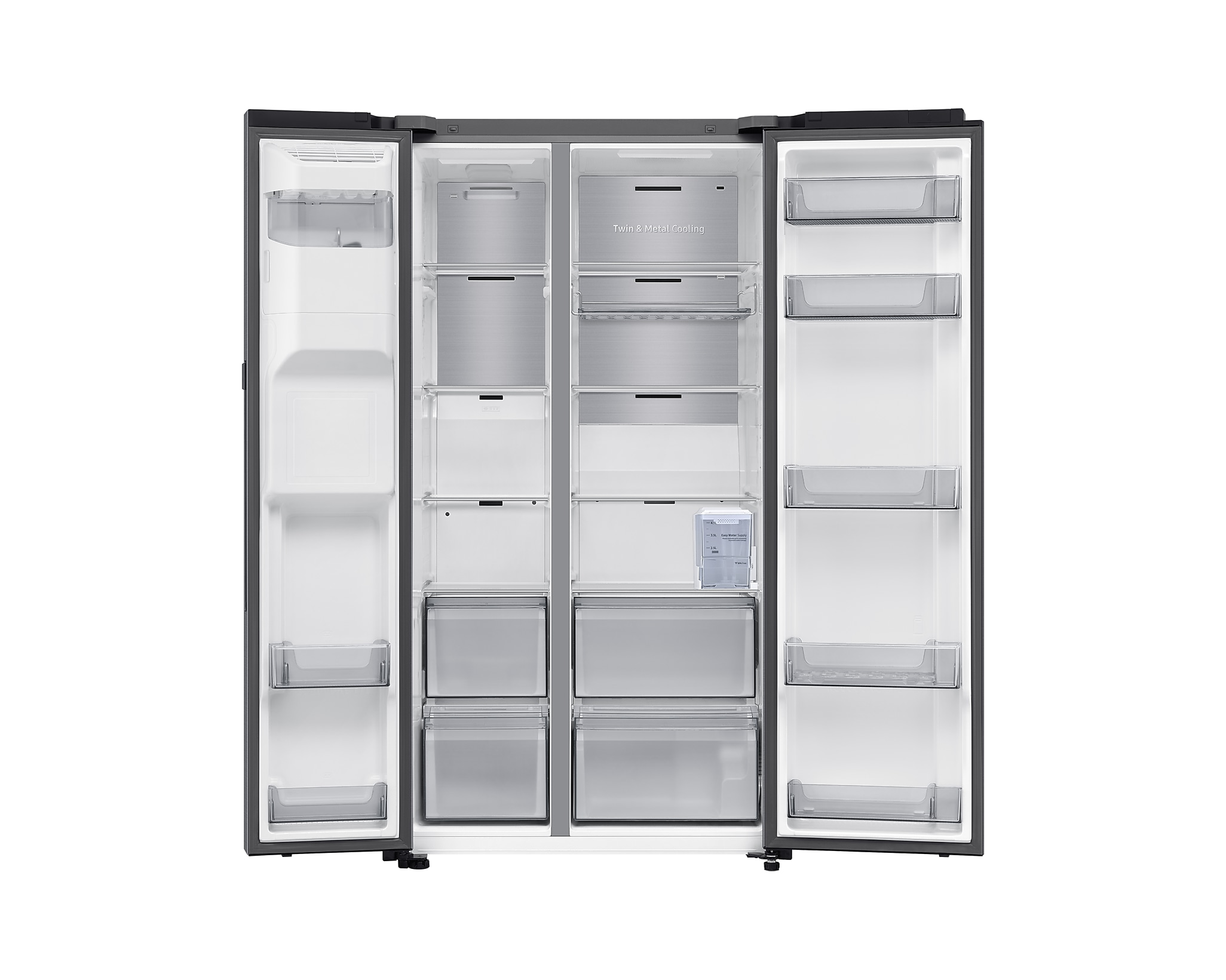 Offener Doppeltür-Kühlschrank. Der Innenraum ist mit Regalen, Schubladen und Fächern sichtbar. Edelstahl-Elemente und transparente Kunststoffbehälter sind vorhanden.
