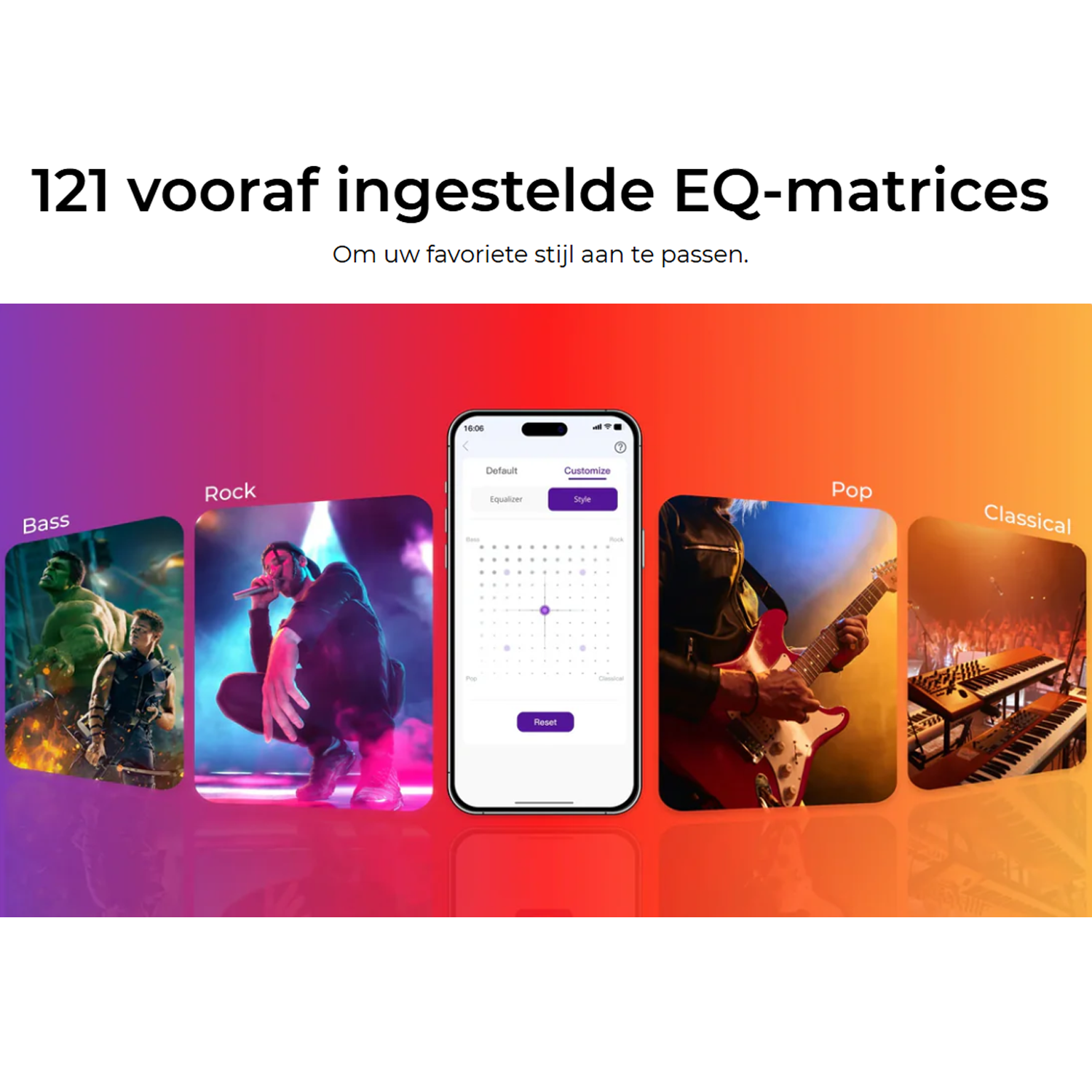 Image shows an interface with equalizer settings. It features musical genres like Bass, Rock, Pop, and Classical, with a phone in the center.