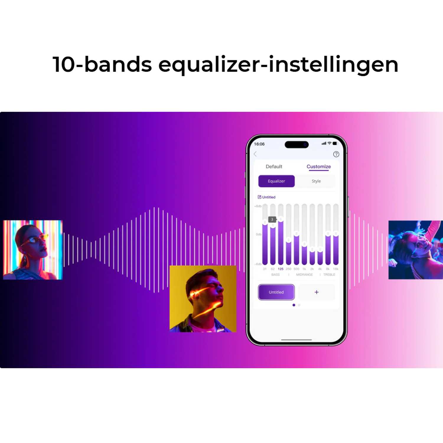 Smartphone-app met equalizer-instellingen, twee foto's van mensen en verloopachtergrond met tekst '10-bands equalizer-instellingen'.