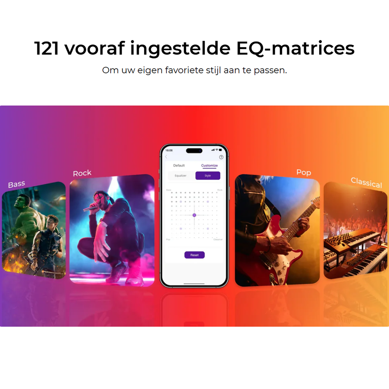 Afbeelding toont telefoon met EQ-instellingen. Toont ook afbeeldingen die muziekgenres vertegenwoordigen: Bass, Rock, Pop en Klassiek. Tekst bovenaan.