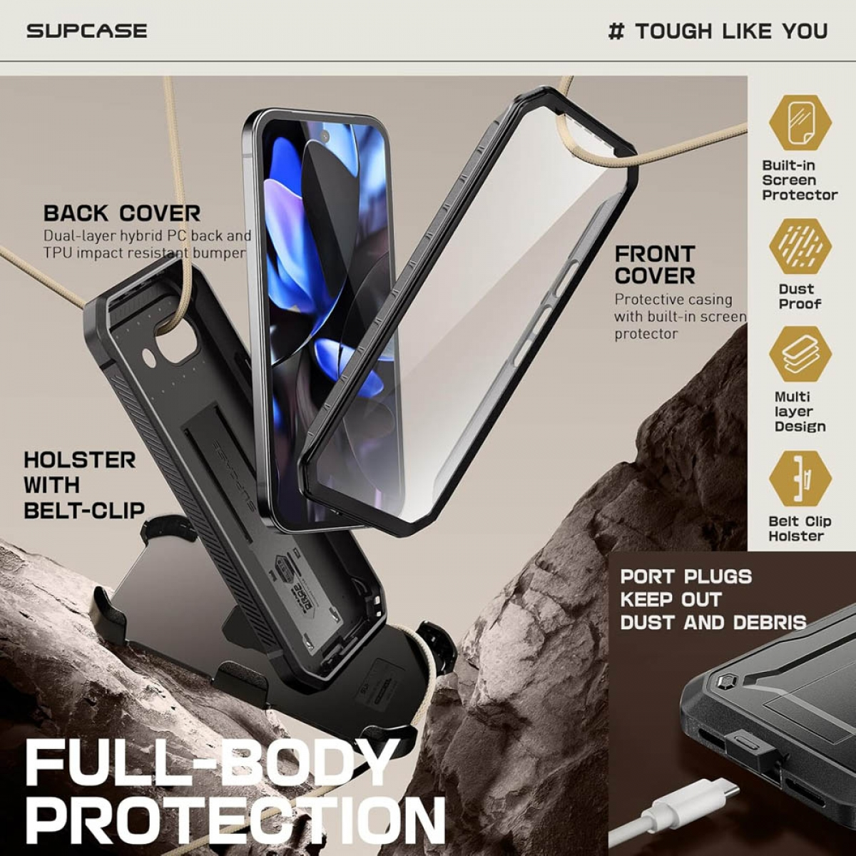 Una custodia per telefono con un telefono all'interno. Parti: cover posteriore, cover frontale, fondina con clip da cintura e tappi.