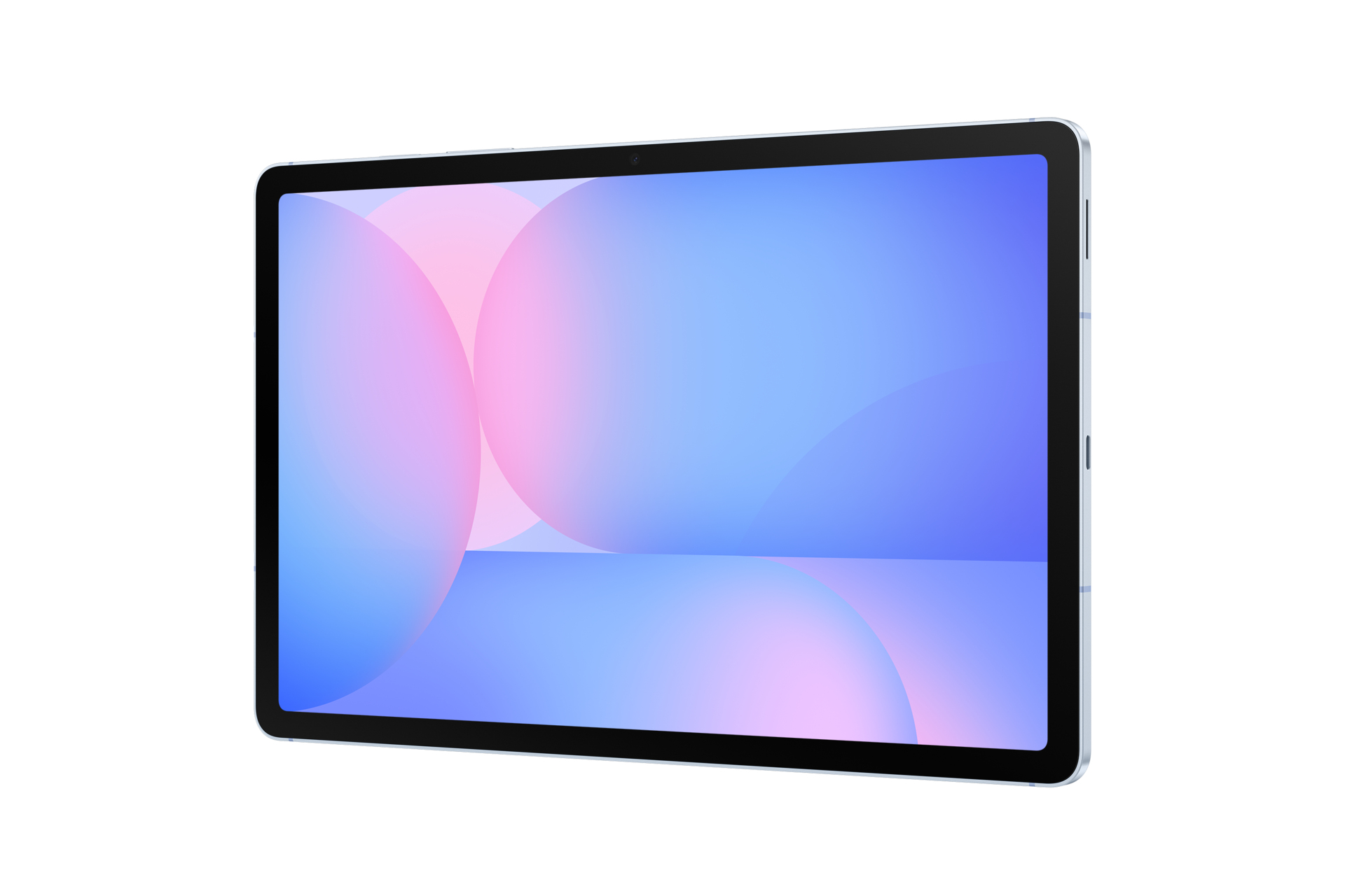 Een tablet met een blauw-roze gradiënt scherm, zwarte rand en zilveren frame. De achtergrond is wit.