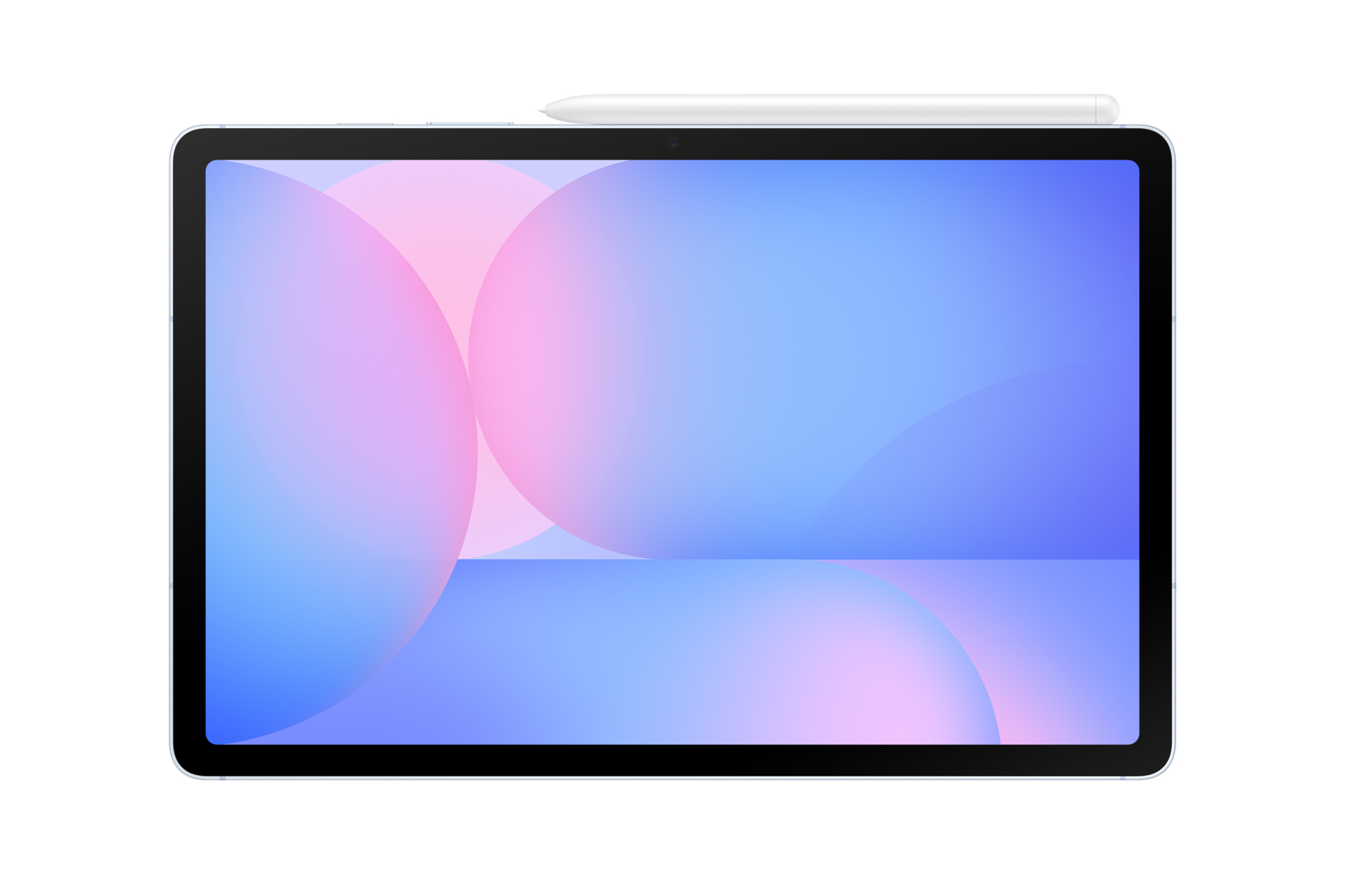 Tablet z rysikiem na górze. Ekran wyświetla gradient niebieskiego i różowego. Czarna ramka. Białe tło.