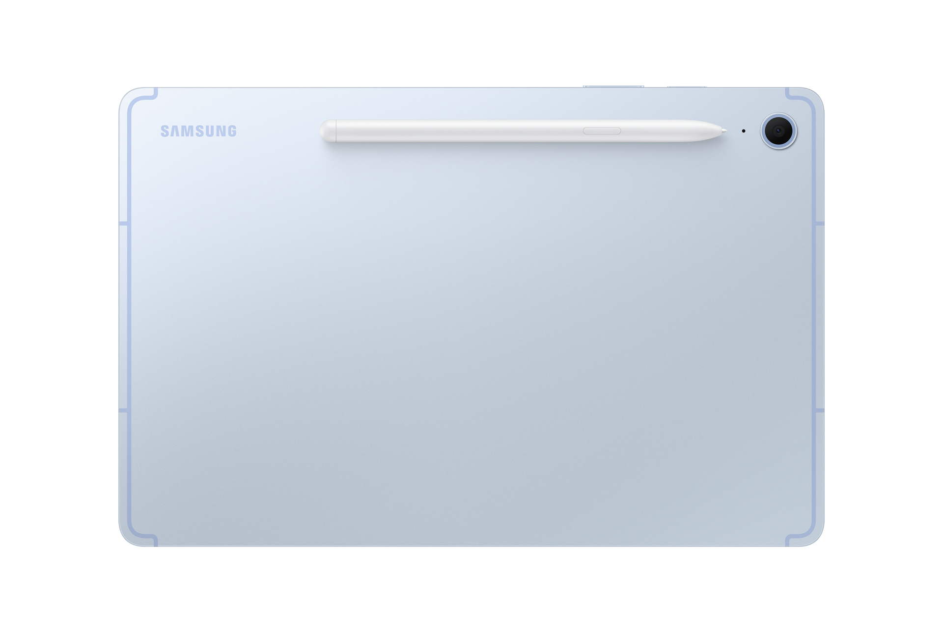 Lichtblauwe Samsung-tablet met witte stylus en camera. De tablet staat op een witte achtergrond.