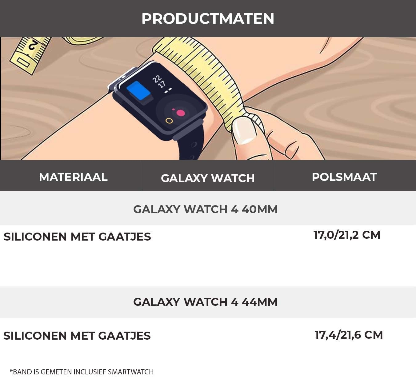 Das Handgelenk einer Person mit einer Galaxy Watch wird mit einem Maßband gemessen. Text zeigt Uhrengrößen und Handgelenkmessungen.