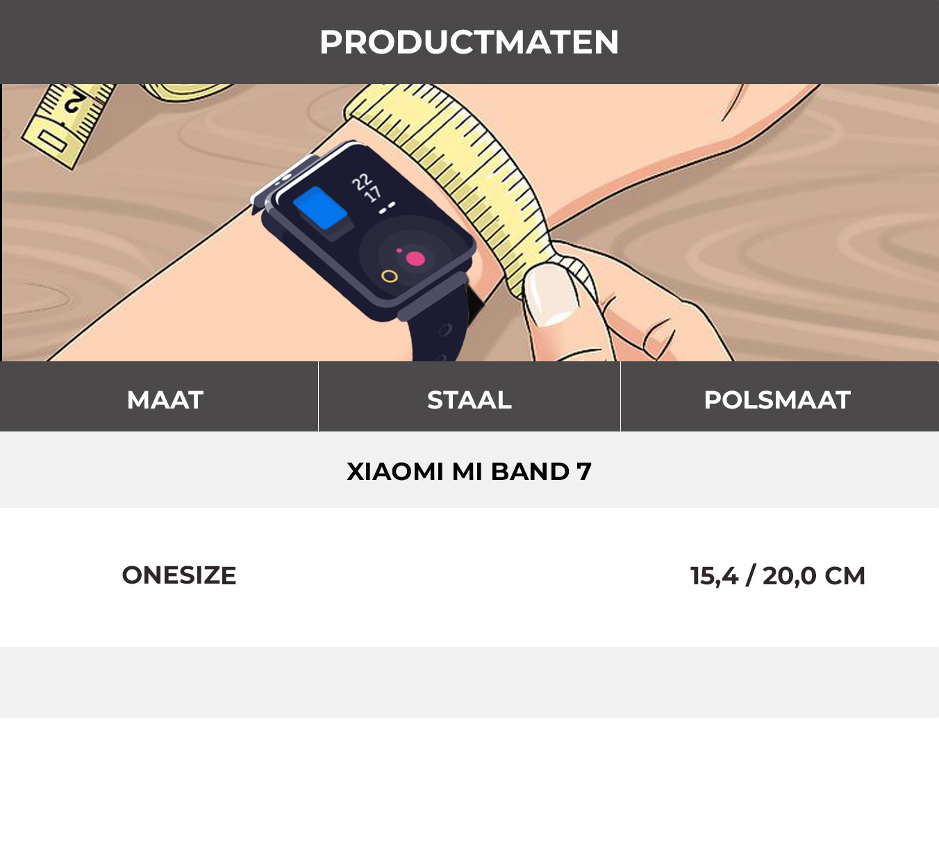 Eine Hand mit einer Uhr, die mit einem Lineal gemessen wird. Text: XIAOMI MI BAND 7, ONESIZE und 15,4/20,0 CM.