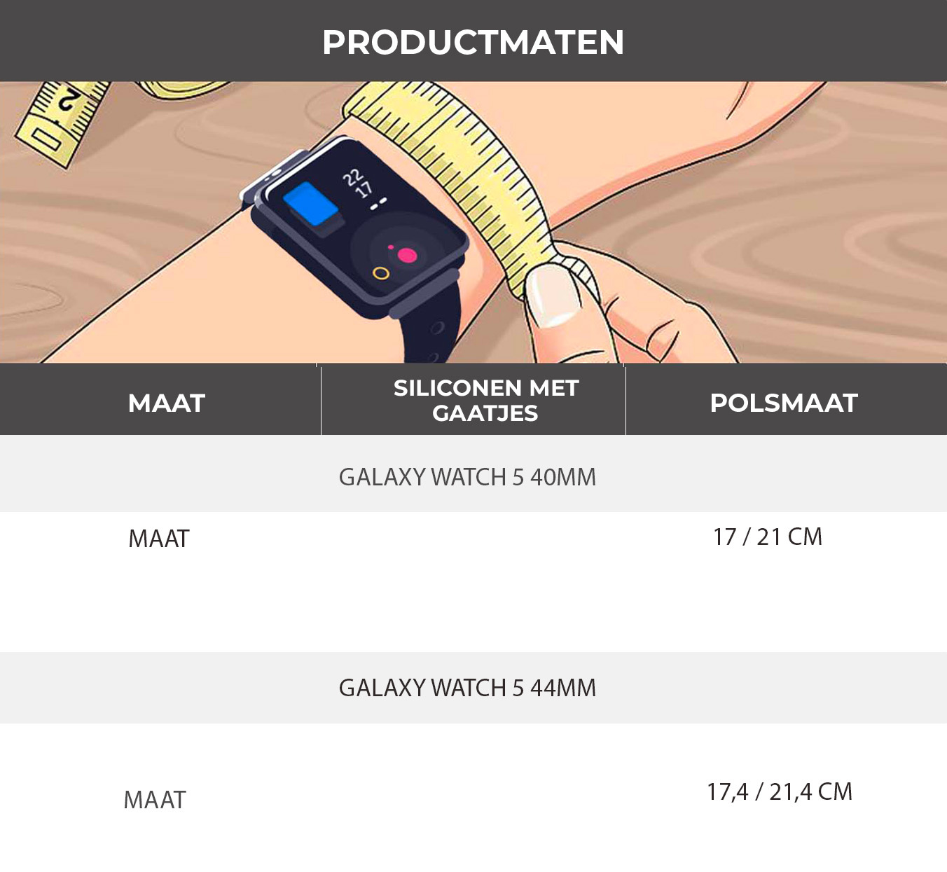 Die Abbildung zeigt ein Handgelenk mit einer Smartwatch, die mit einem Maßband gemessen wird. Text zeigt Uhrgröße und Handgelenkmessungen.