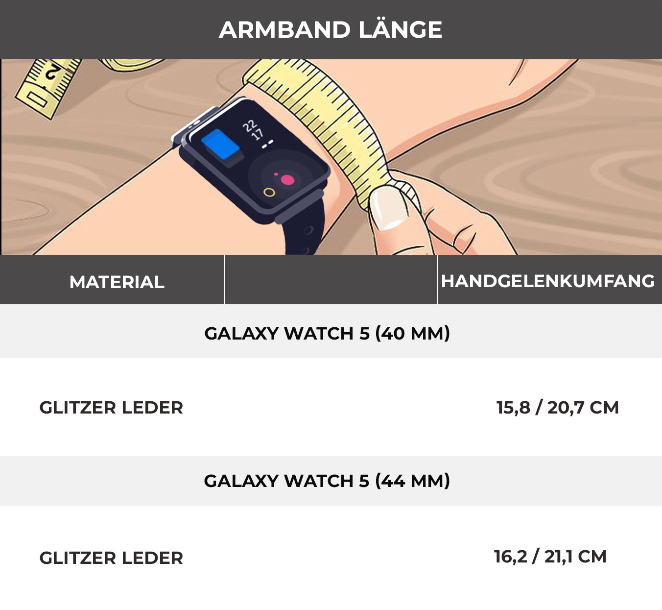 Eine Hand mit Uhr wird mit einem Maßband gemessen. Text zeigt Uhrenmodell und Handgelenkumfang in cm.