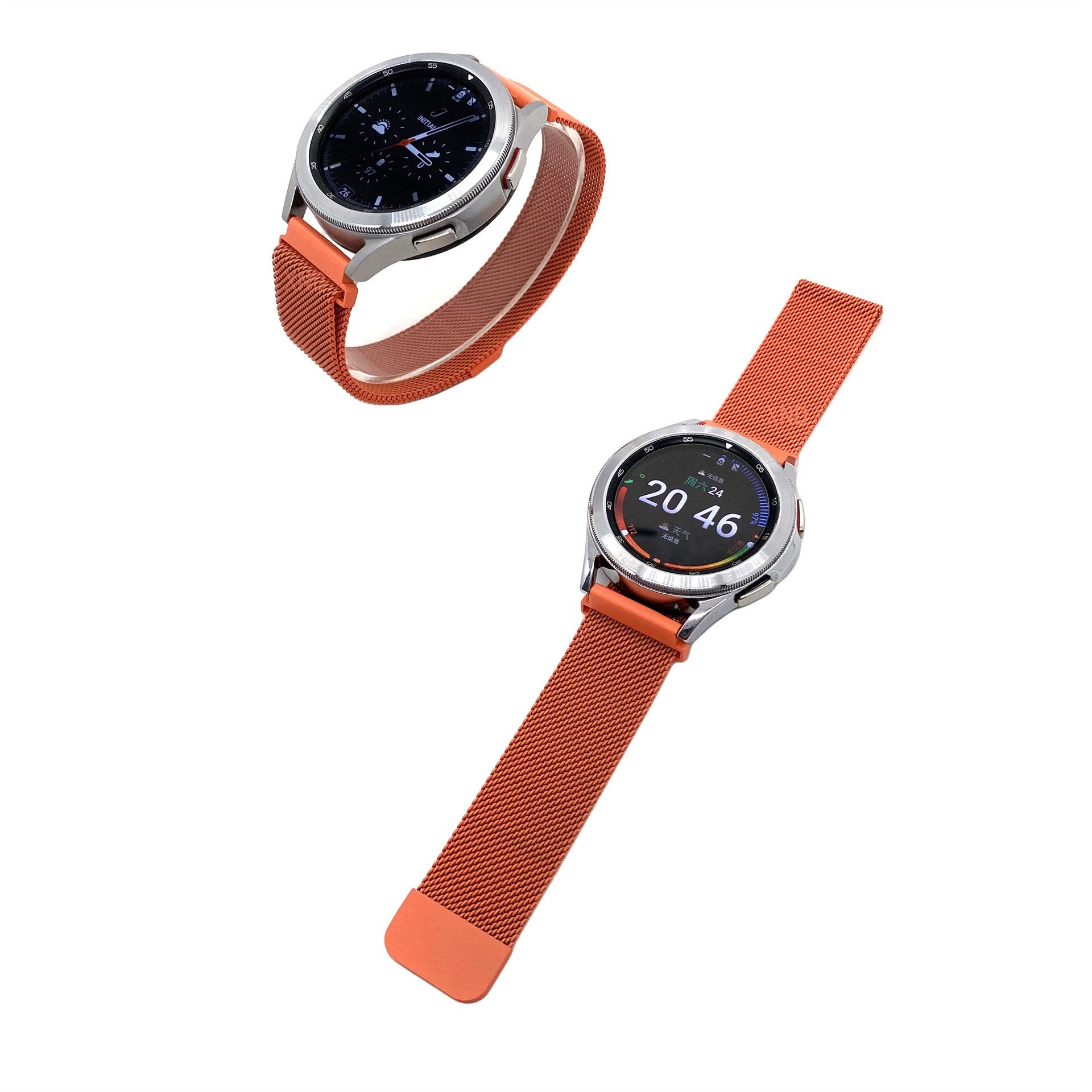 Zwei Smartwatches mit orangefarbenen Armbändern. Eine zeigt die Uhrzeit 20:46. Beide Uhren auf weißem Hintergrund.