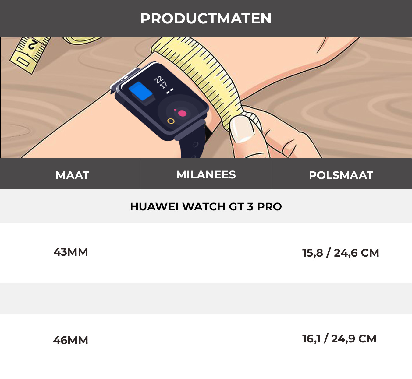 Das Handgelenk einer Person mit einer Huawei Watch GT 3 Pro wird mit einem Maßband gemessen. Die Uhr zeigt die Zeit an.