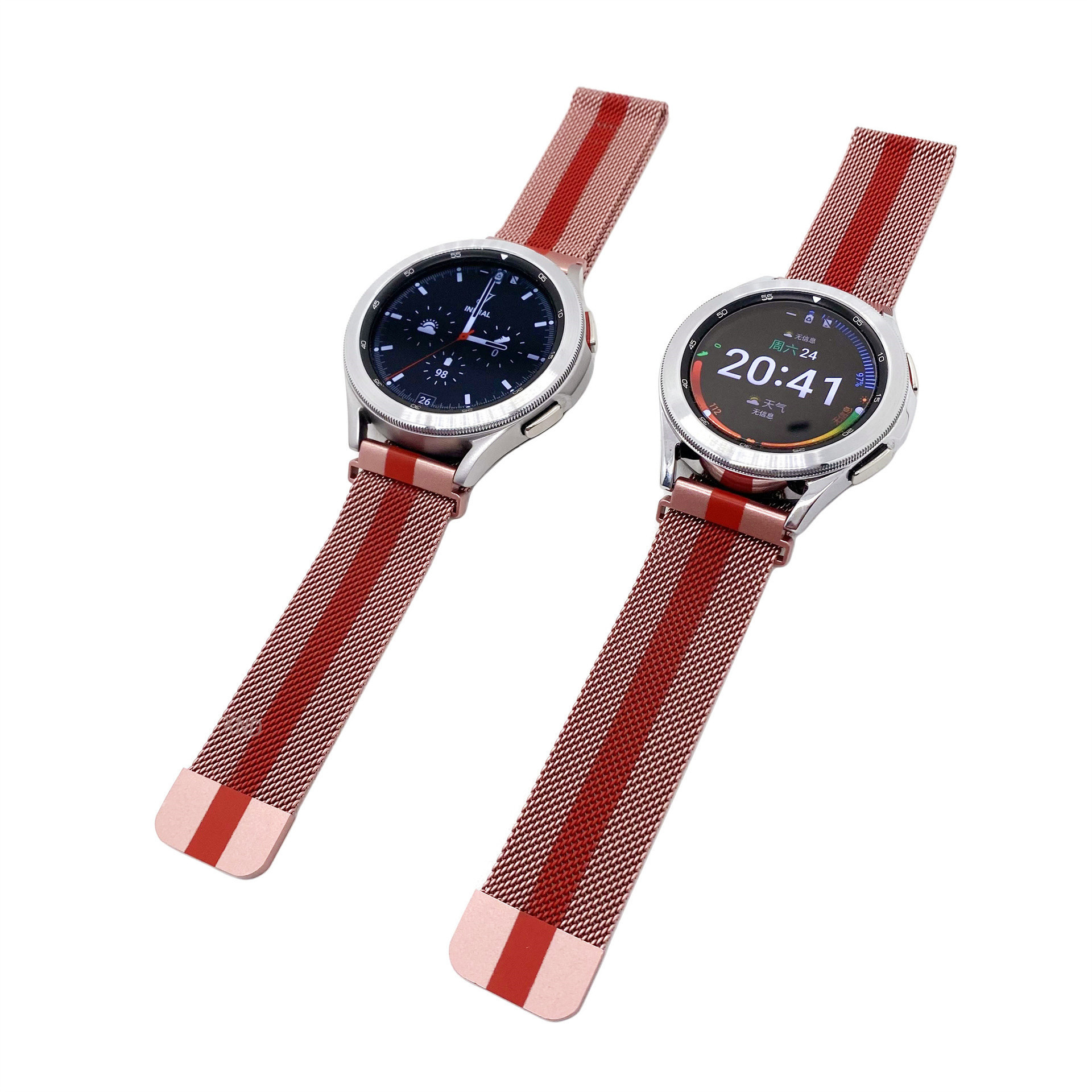 Zwei Smartwatches mit silbernen Gehäusen und roten Mesh-Armbändern werden vor weißem Hintergrund schräg dargestellt.