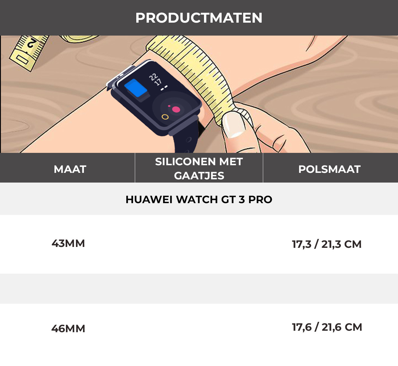 Das Handgelenk einer Person mit einer Smartwatch wird mit einem Maßband gemessen. Die Uhr zeigt die Zeit an. Text zeigt Produktmaße.