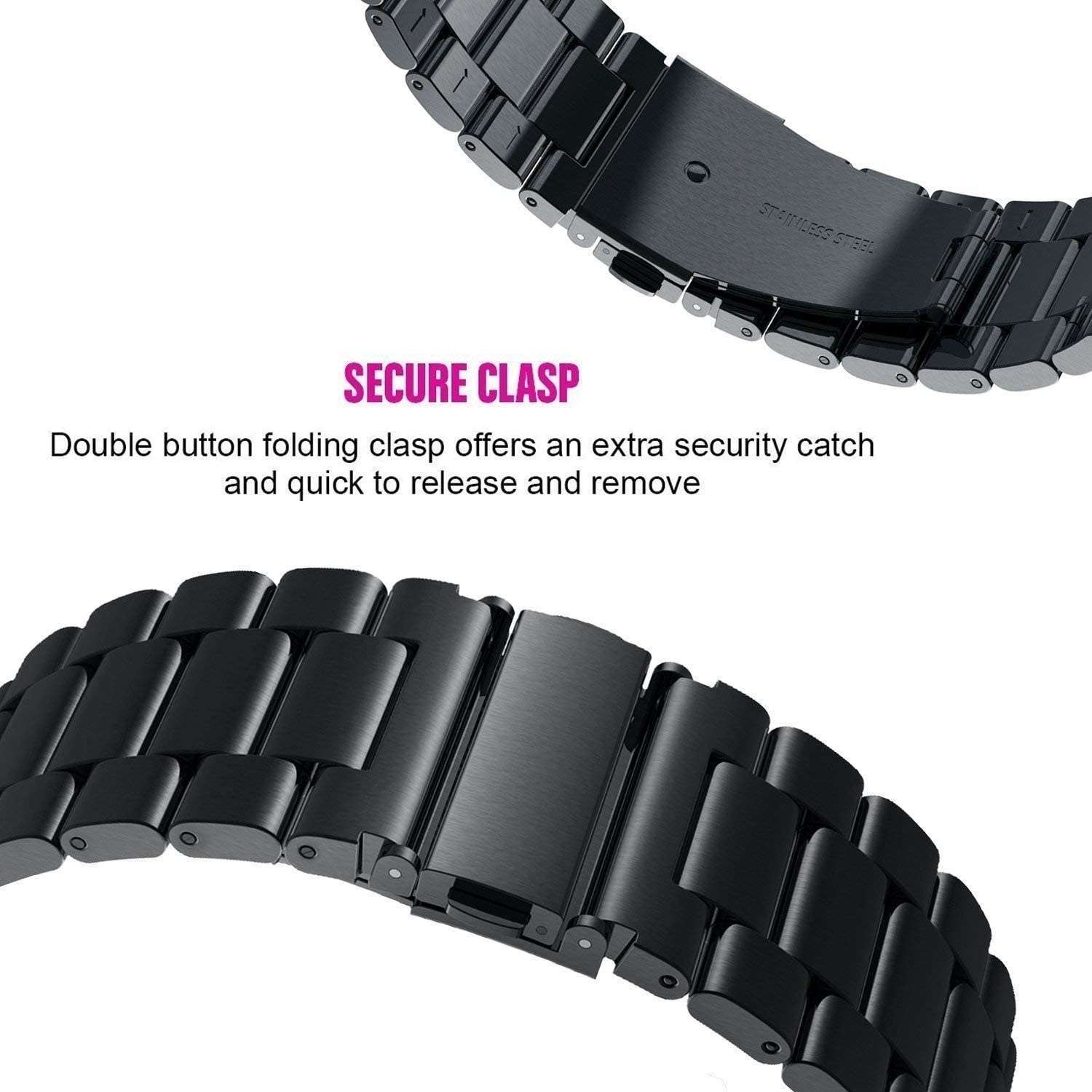 Schwarzes Edelstahl-Uhrenarmband mit Sicherheitsverschluss. Der Text hebt den Doppelknopf-Klappverschluss für Sicherheit und Benutzerfreundlichkeit hervor.