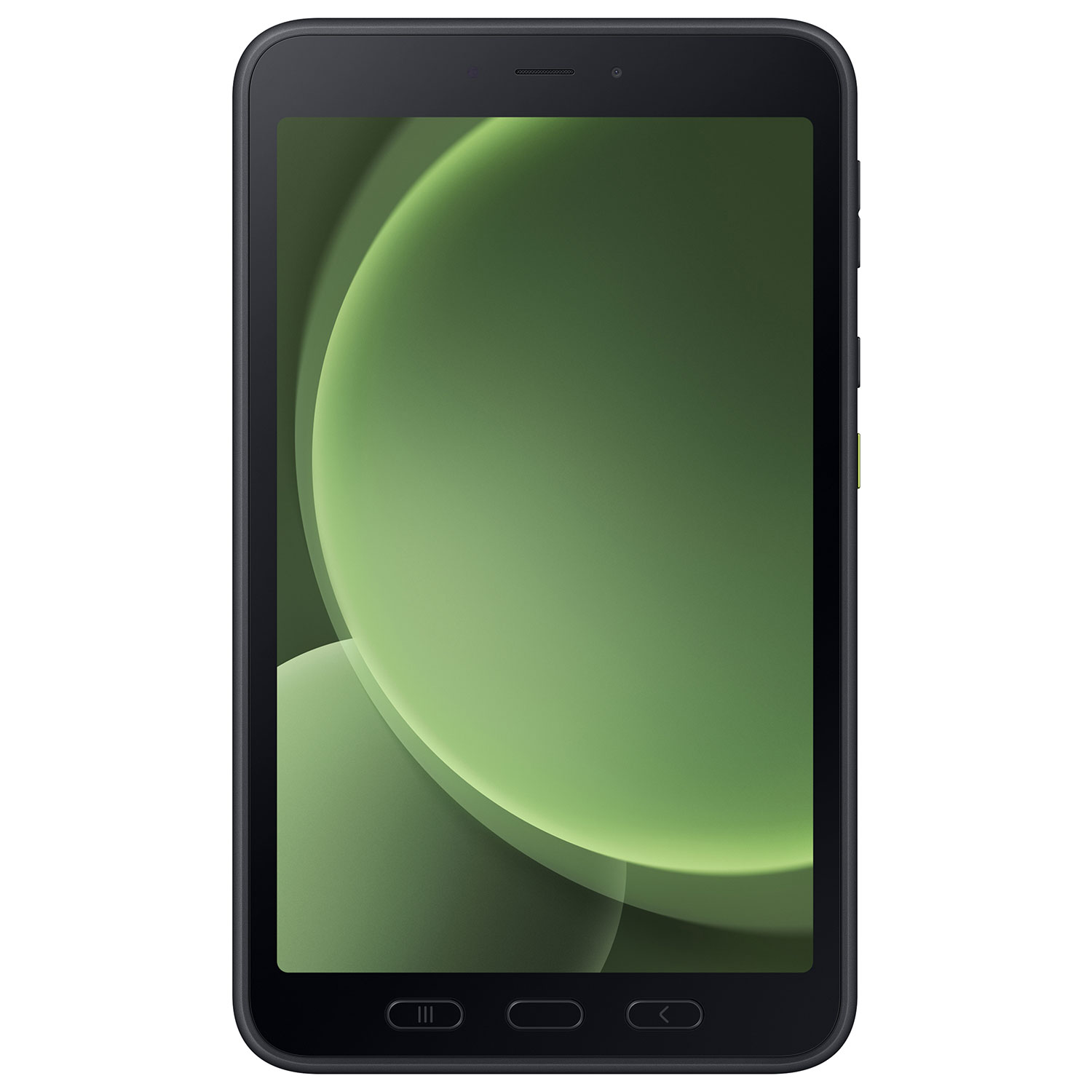 Tablet nero con schermo sfumato verde. Tre pulsanti in basso. Cornice scura.