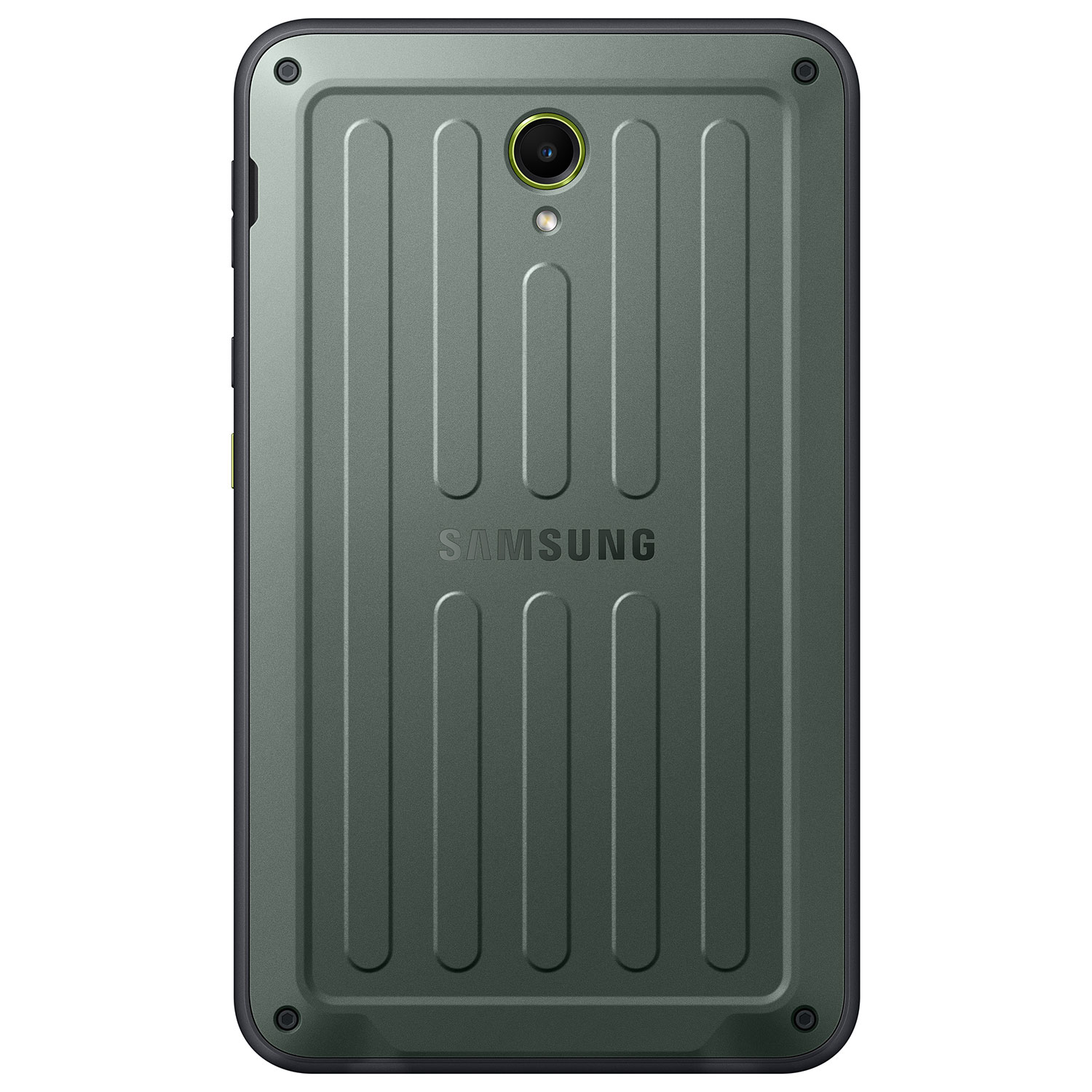Retro di un tablet Samsung verde. Presenta linee verticali, una fotocamera e il logo Samsung. I bordi sono neri.