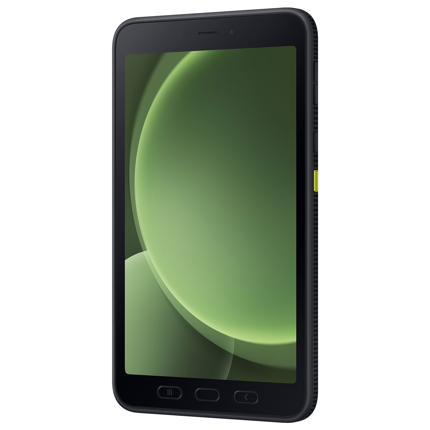 Tablet nero con schermo verde che mostra forme astratte. Il tablet ha una cornice strutturata e pulsanti laterali e inferiori.