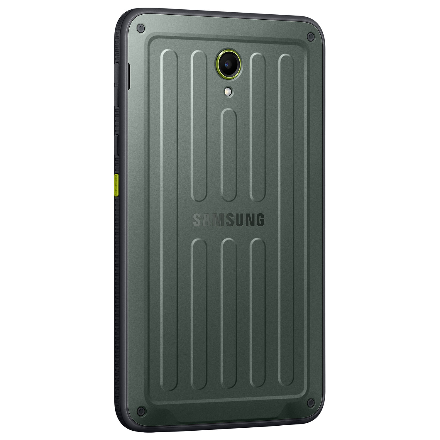 Un telefono Samsung verde scuro. Ha linee verticali sul retro, una fotocamera e il logo Samsung. È su sfondo bianco.