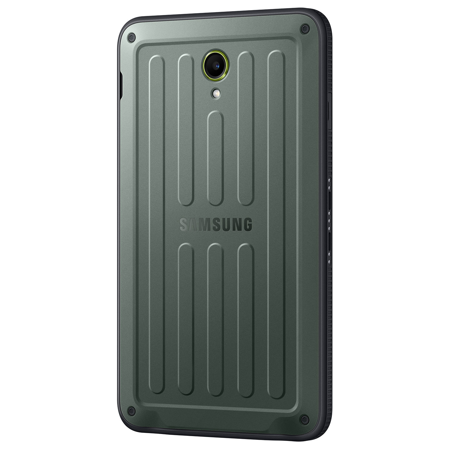 Retro di un tablet Samsung. È verde scuro con linee verticali. In alto ci sono una fotocamera e un flash. Il marchio è visibile.