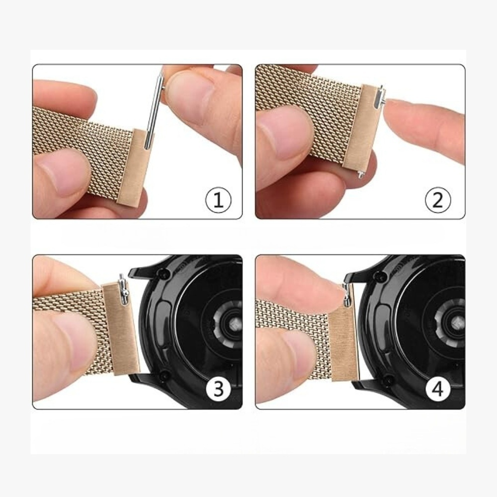 Vier-Schritte-Anleitung: Anbringen eines Uhrenarmbands. Hände zeigen, wie ein goldenes Mesh-Band mit einem schwarzen Zifferblatt verbunden wird.