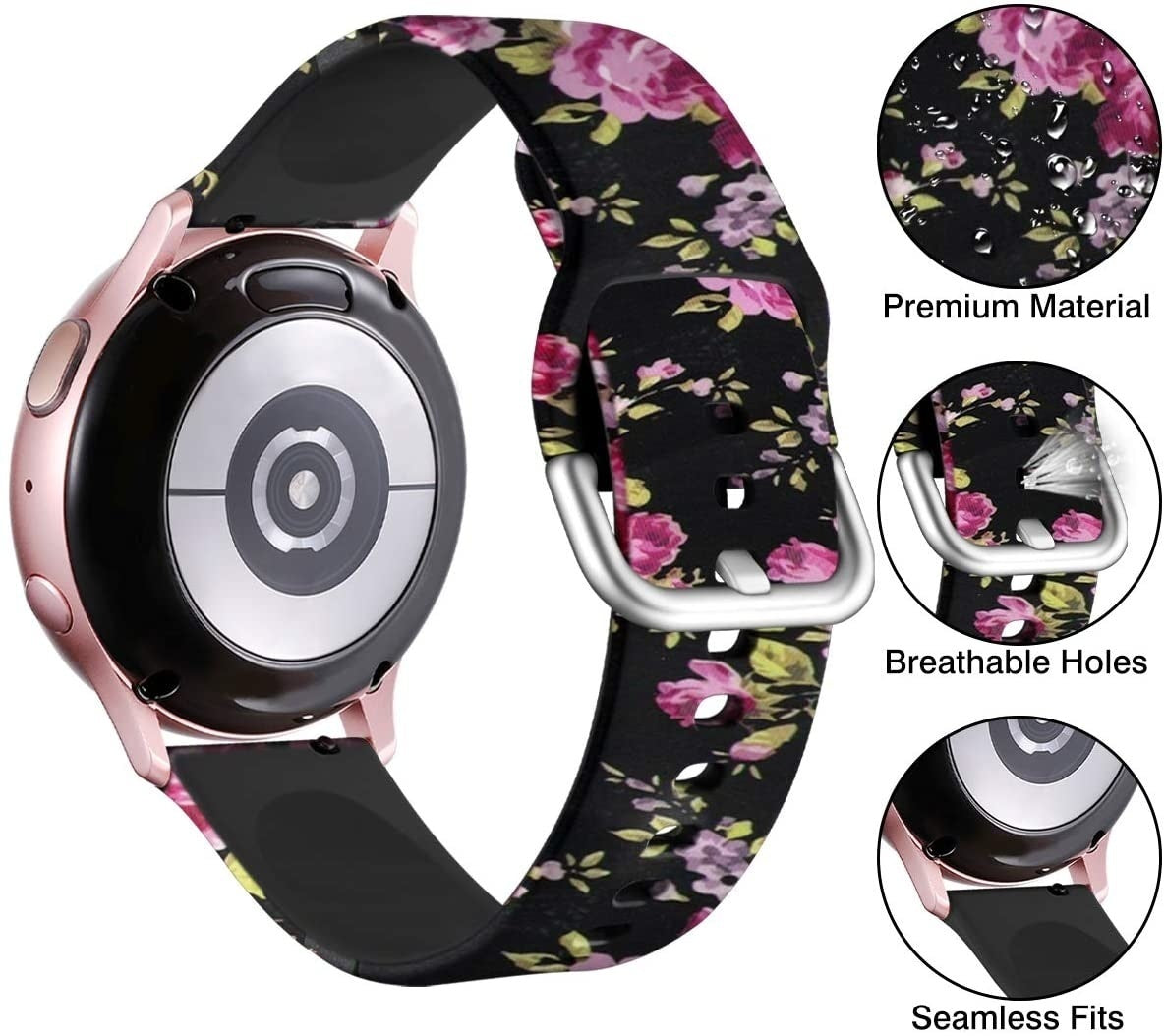Roségold-Smartwatch mit schwarzem Blumenarmband. Nahaufnahmen zeigen Material, Löcher und nahtlose Passform.
