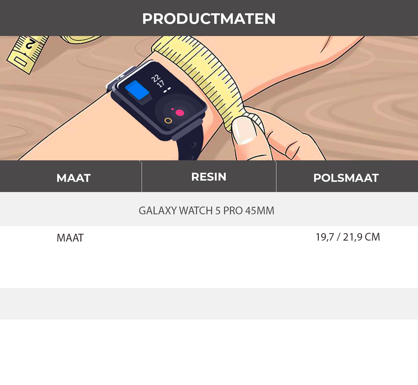 Eine Uhr wird am Handgelenk mit einem Maßband gemessen. Die Uhr ist schwarz mit blauem Display. Der Text PRODUCTMATEN steht oben.
