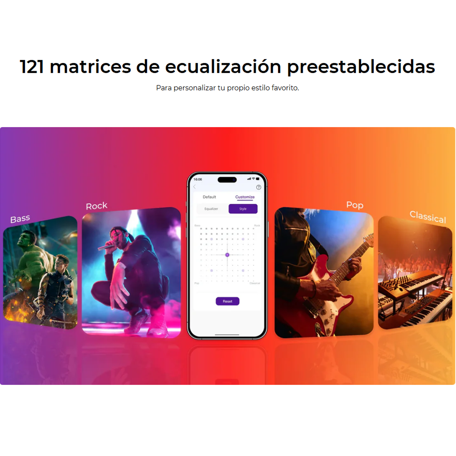La imagen muestra una interfaz de ecualizador con estilos musicales como Bass, Rock, Pop y Classical, más texto: 121 matrices de ecualización preestablecidas.