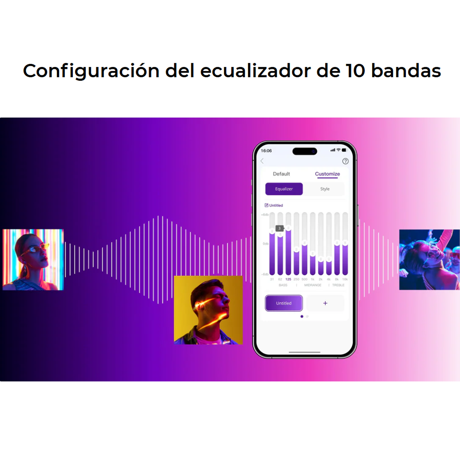 Un teléfono muestra una interfaz de ecualizador. El fondo es púrpura con un gráfico de onda de sonido. Hay tres retratos en los bordes.