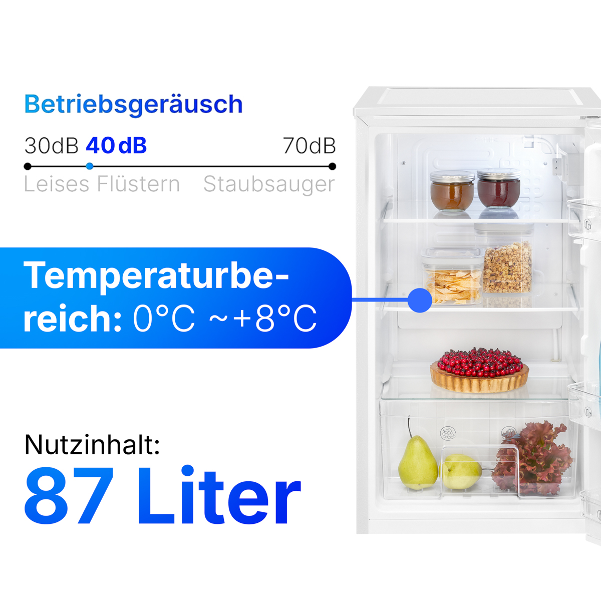 Ein weißer Kühlschrank mit offener Tür, die Inhalte zeigt: Gläser, Behälter mit Lebensmitteln und eine Torte. Text zeigt Temperatur und Volumen.