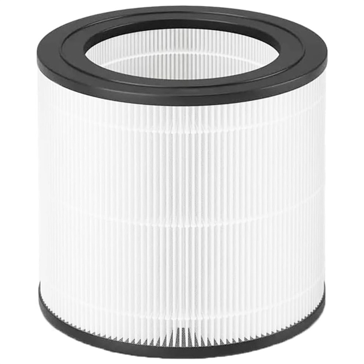 Zylindrischer Luftfilter mit schwarzem Ober- und Unterteil, weißem, plissiertem Filter dazwischen. Die Mitte ist hohl.