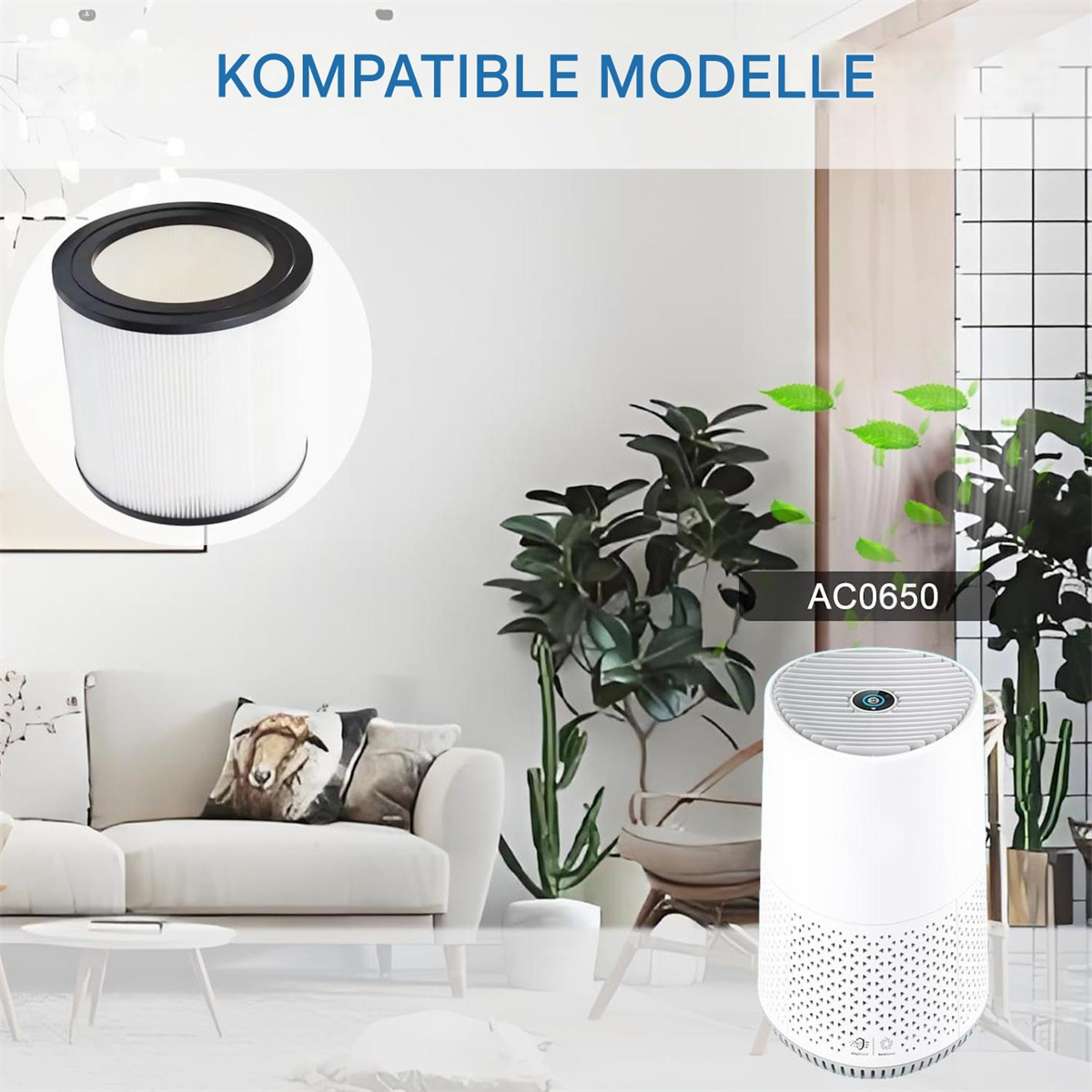 Ein Luftfilter und -reiniger werden in einem Wohnzimmer mit Pflanzen und einem weißen Sofa gezeigt. Der Text "KOMPATIBLE MODELLE" ist sichtbar.