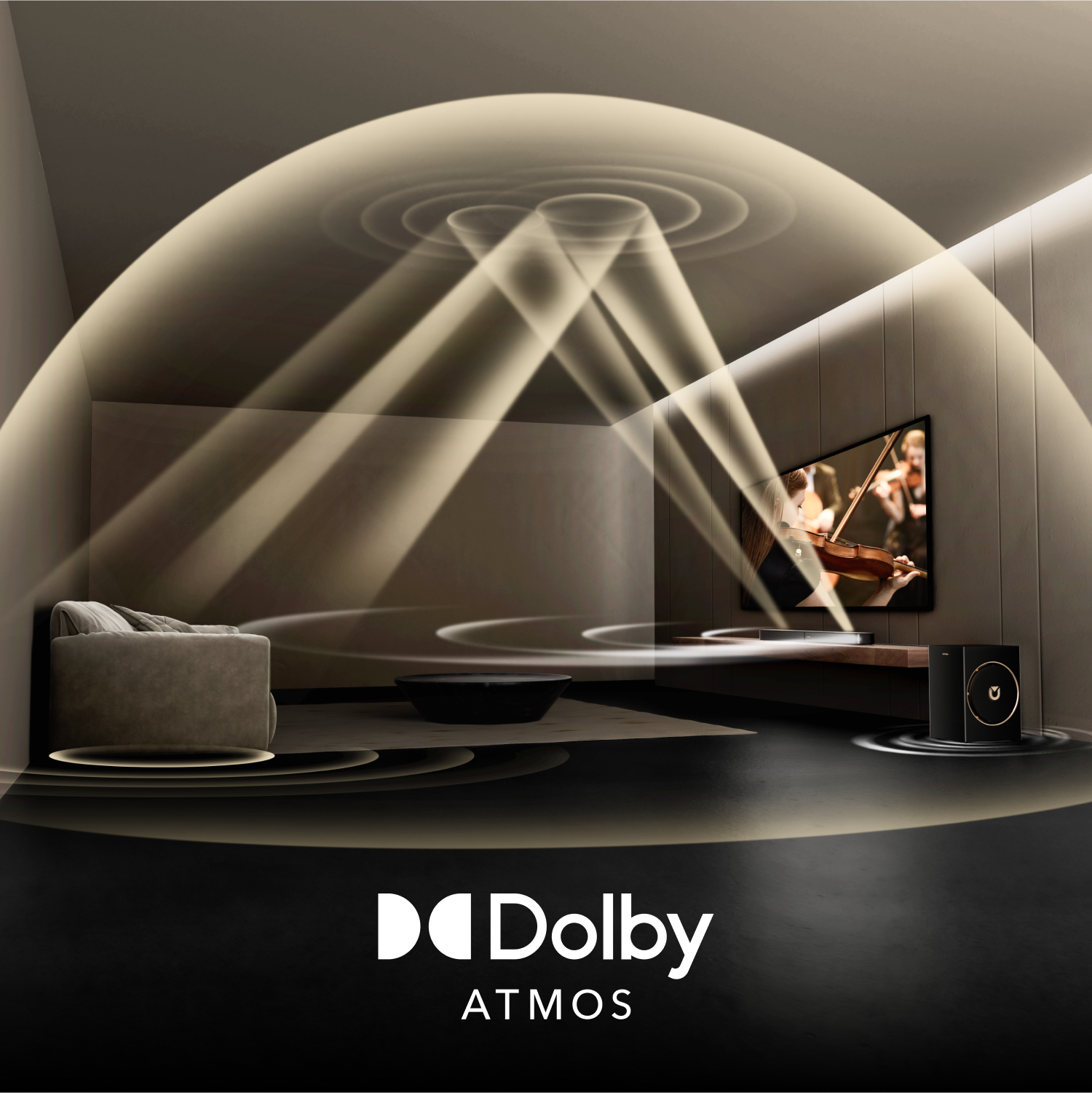 Een kamer met een tv die een viooloptreden laat zien. Geluidsgolven worden gevisualiseerd. Een subwoofer staat rechts. Dolby Atmos-logo onderaan.