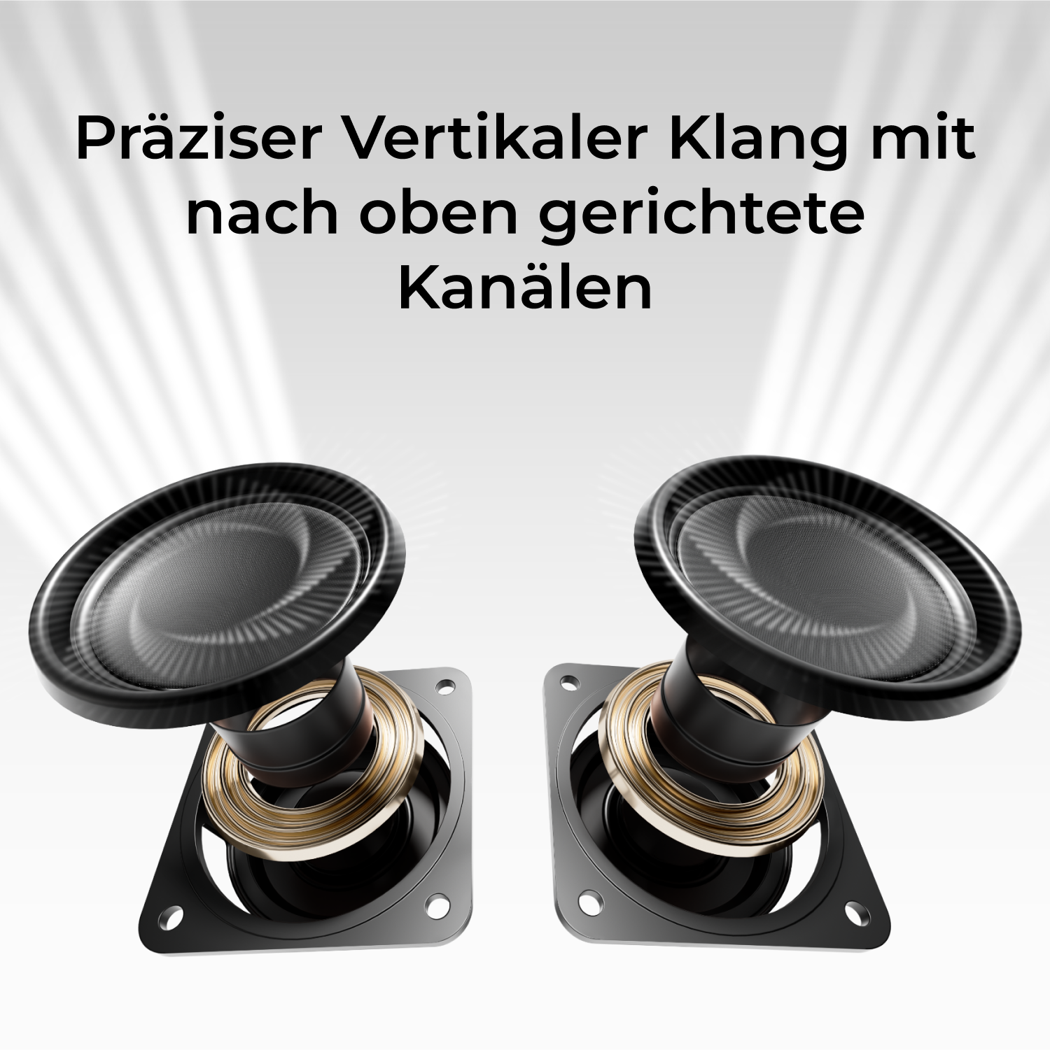Zwei schwarze Lautsprecher mit goldenen Ringen auf schwarzen quadratischen Sockeln vor weißem Hintergrund. Deutscher Text oben.