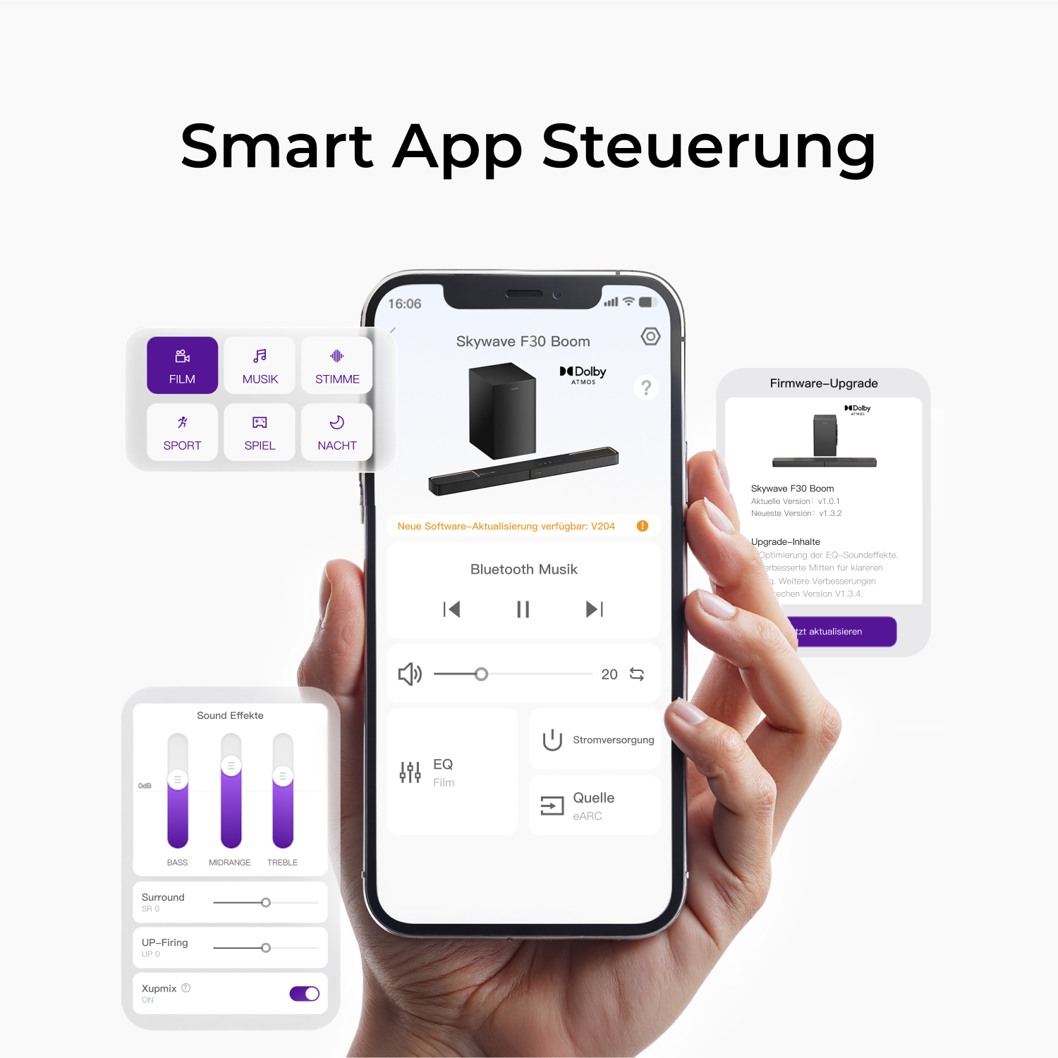 Eine Hand, die ein Telefon hält, das eine Smart-App-Oberfläche zeigt. Die App steuert Audioeinstellungen und Firmware-Updates.