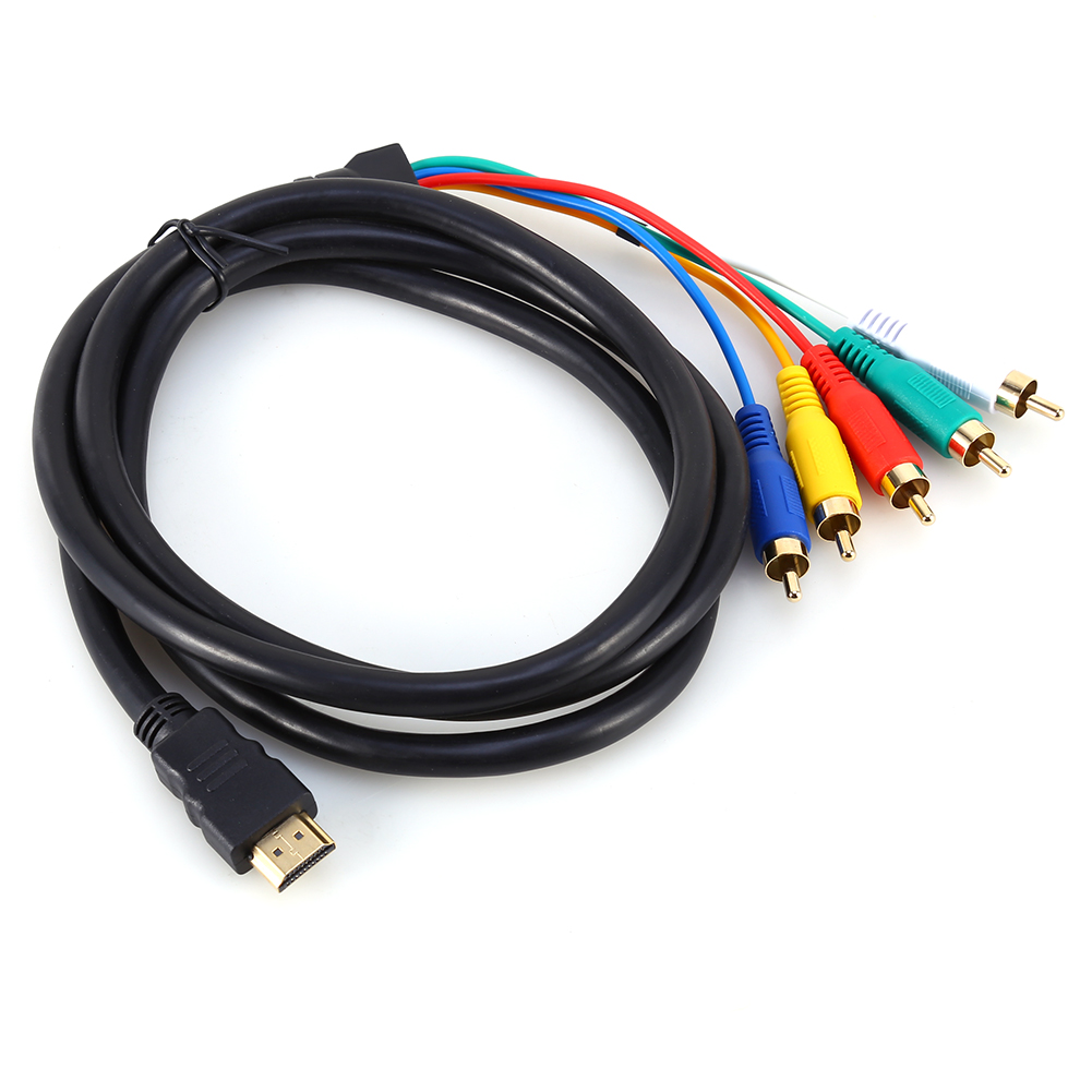 Schwarzes HDMI-Kabel mit farbigen Cinch-Anschlüssen. Das Kabel liegt auf weißem Hintergrund.