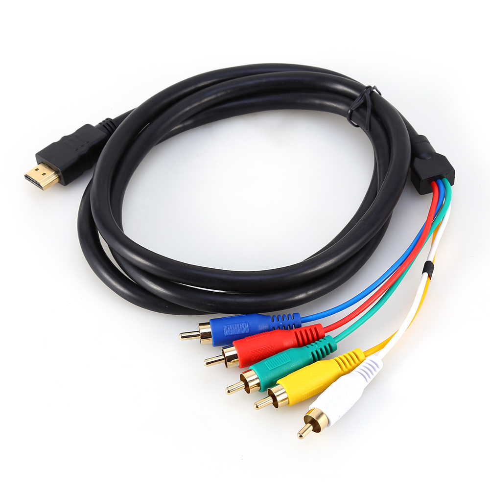 Ein HDMI-Kabel mit schwarzem Draht und Cinch-Anschlüssen in Blau, Rot, Grün, Gelb und Weiß auf weißem Hintergrund.